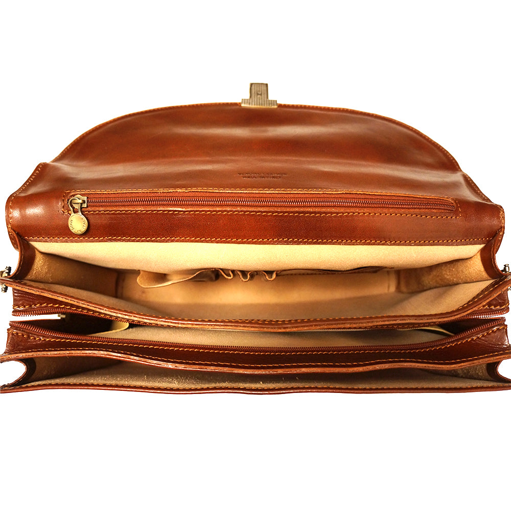 Genuine leather briefcase with three compartments - made in Italy