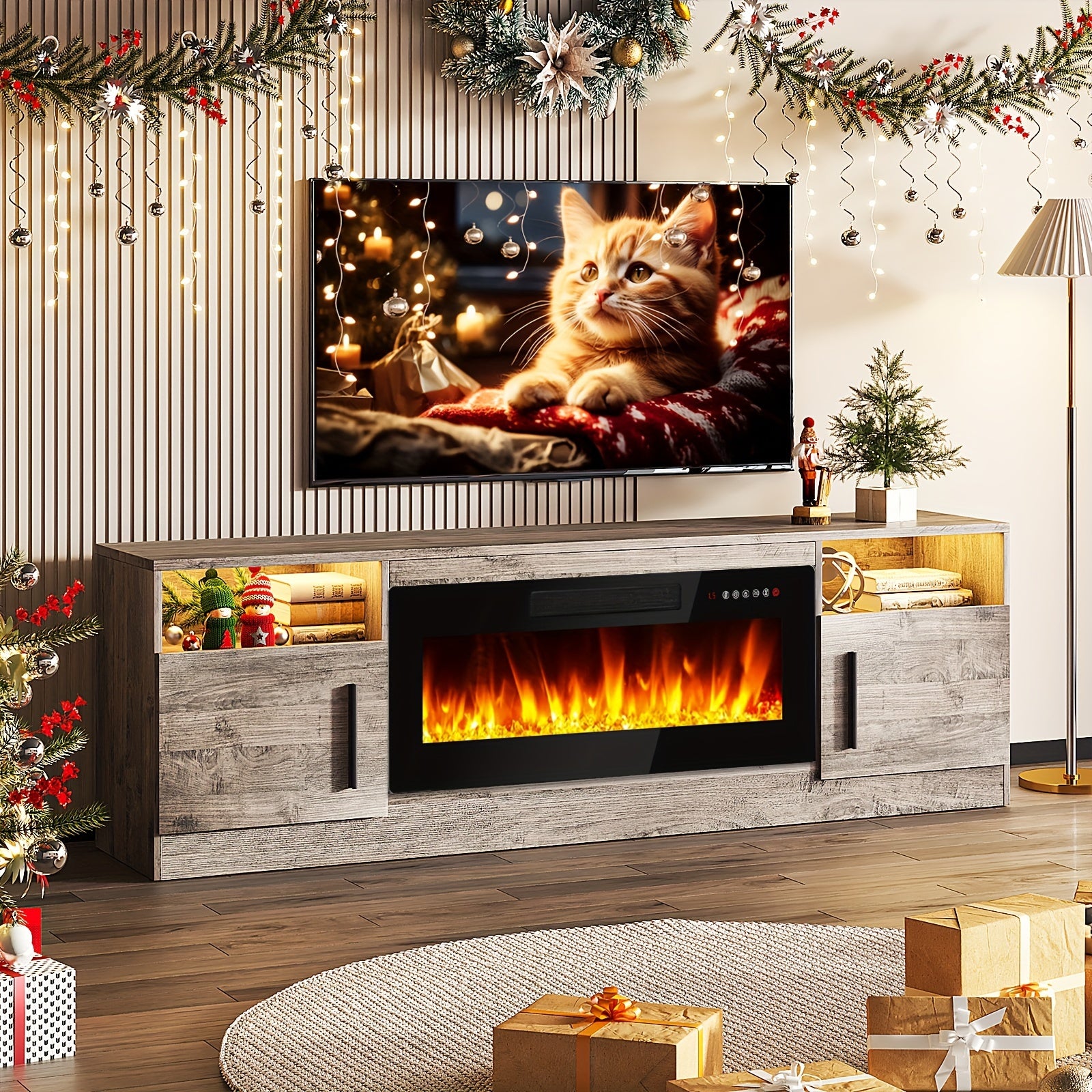 70" Modern Wooden TV Stand for TVs Up to 80" - Electric Fireplace Entertainment Center with 36" High Gloss Media Console, 16-Color LED Lights, Storage Cabinet & US Plug (120V)