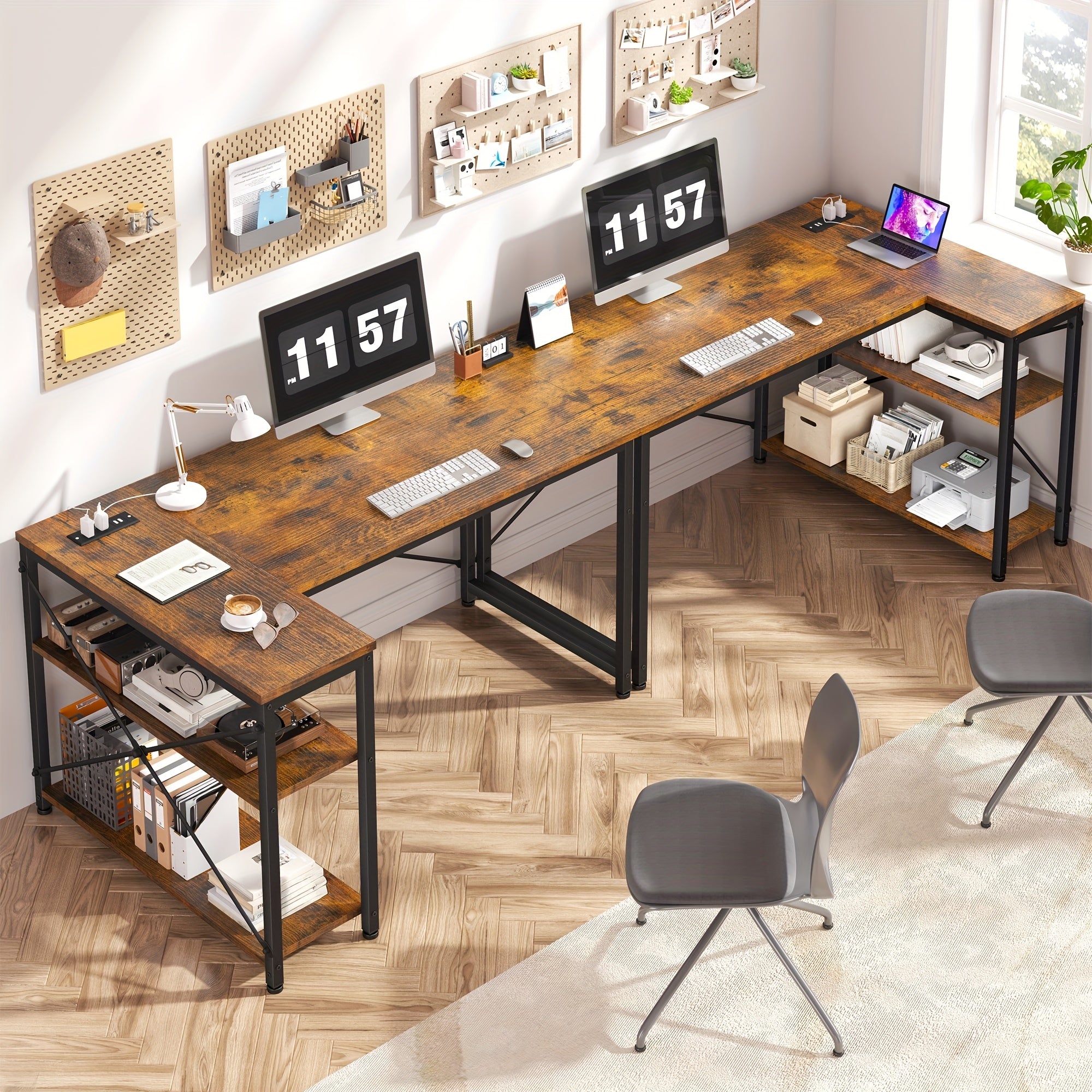 L Shaped Computer Desk With Power Outlets, Computer Desk With Storage Shelves, Home Office Corner Desk For Work, Writing Study Desk With Gaming Desk For Bedroom Office Dorm