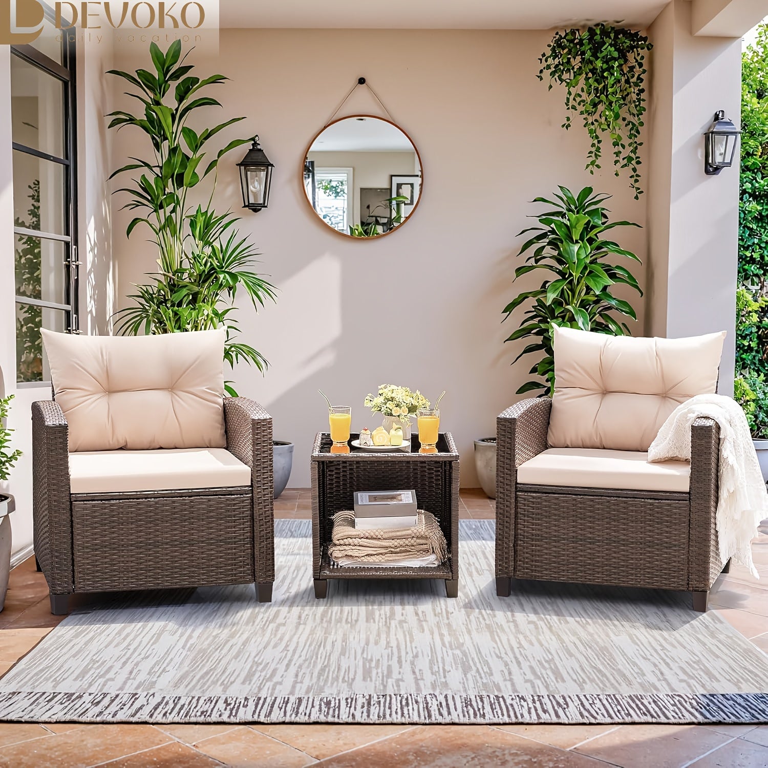 3pcs Patio Furniture Set, PE Rattan Wicker Patio Set With Two Outdoor Chairs And Table, Upgraded Patio Chairs