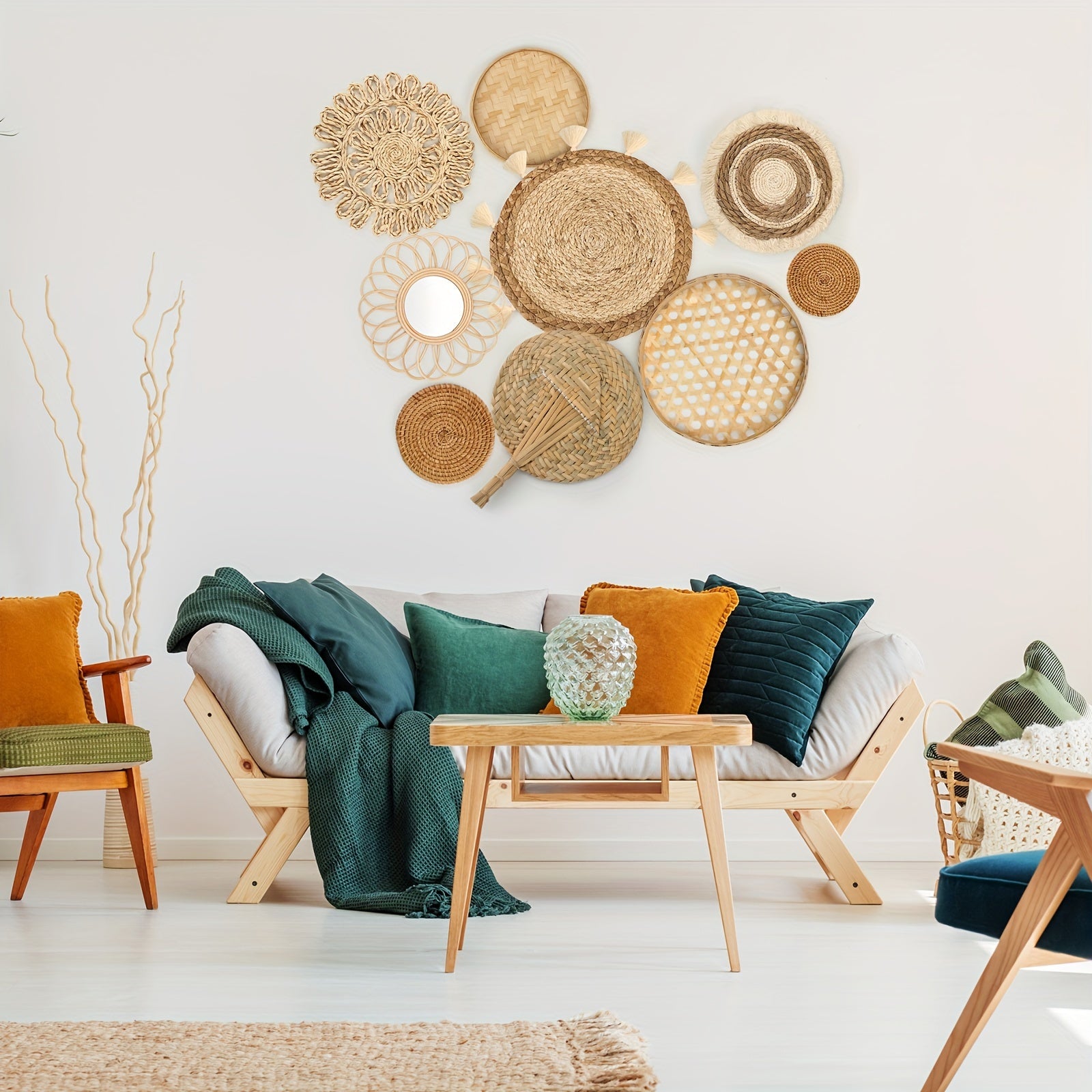 9-piece Set Wall Hanging Basket Decoration Bohemian Style Wall Hanging Decoration Rattan Wall Decoration Flat Round Wicker Mirror Woven Lace Fringe Tapestry