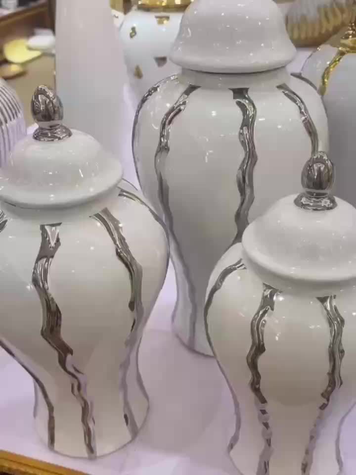 Luxurious Silvery Ceramic Ginger Jar - Modern Decorative Vase