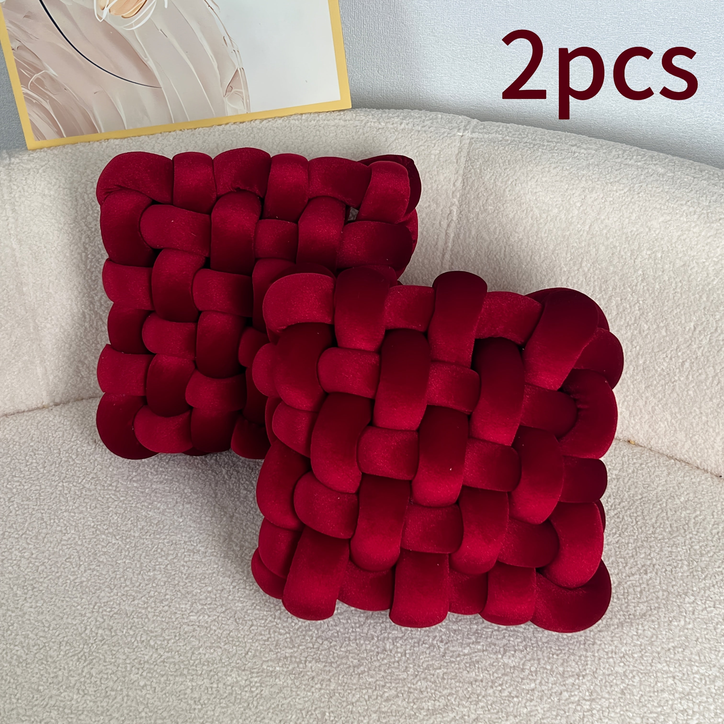 2pcs Gold Velvet Hand-woven Knot Pillow Square Decorative Pillow Knotted Floor Pillow