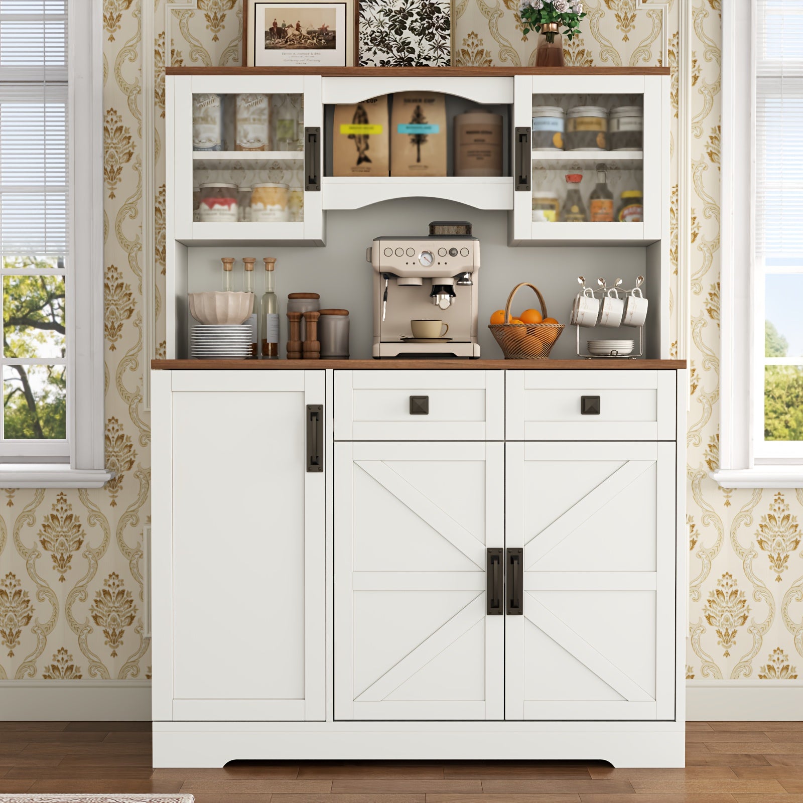 Kitchen Pantry Cabinet, Kitchen Storage Cabinet with 2 Drawer And Door, Tall Kitchen Hutch Cabinet with Microwave Stand