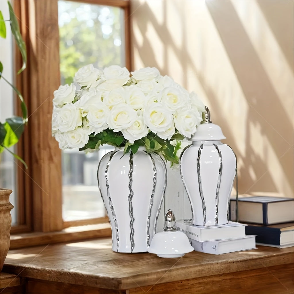 Luxurious Silvery Ceramic Ginger Jar - Modern Decorative Vase