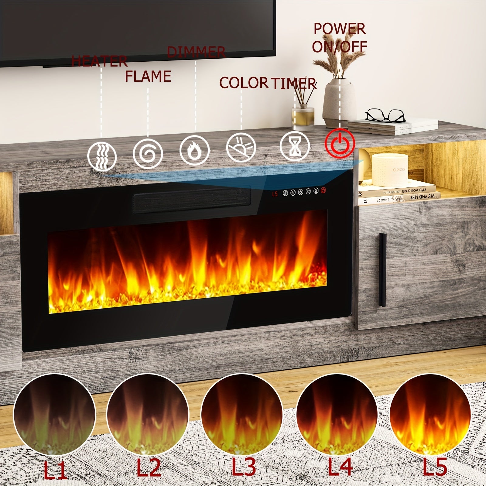 70" Modern Wooden TV Stand for TVs Up to 80" - Electric Fireplace Entertainment Center with 36" High Gloss Media Console, 16-Color LED Lights, Storage Cabinet & US Plug (120V)