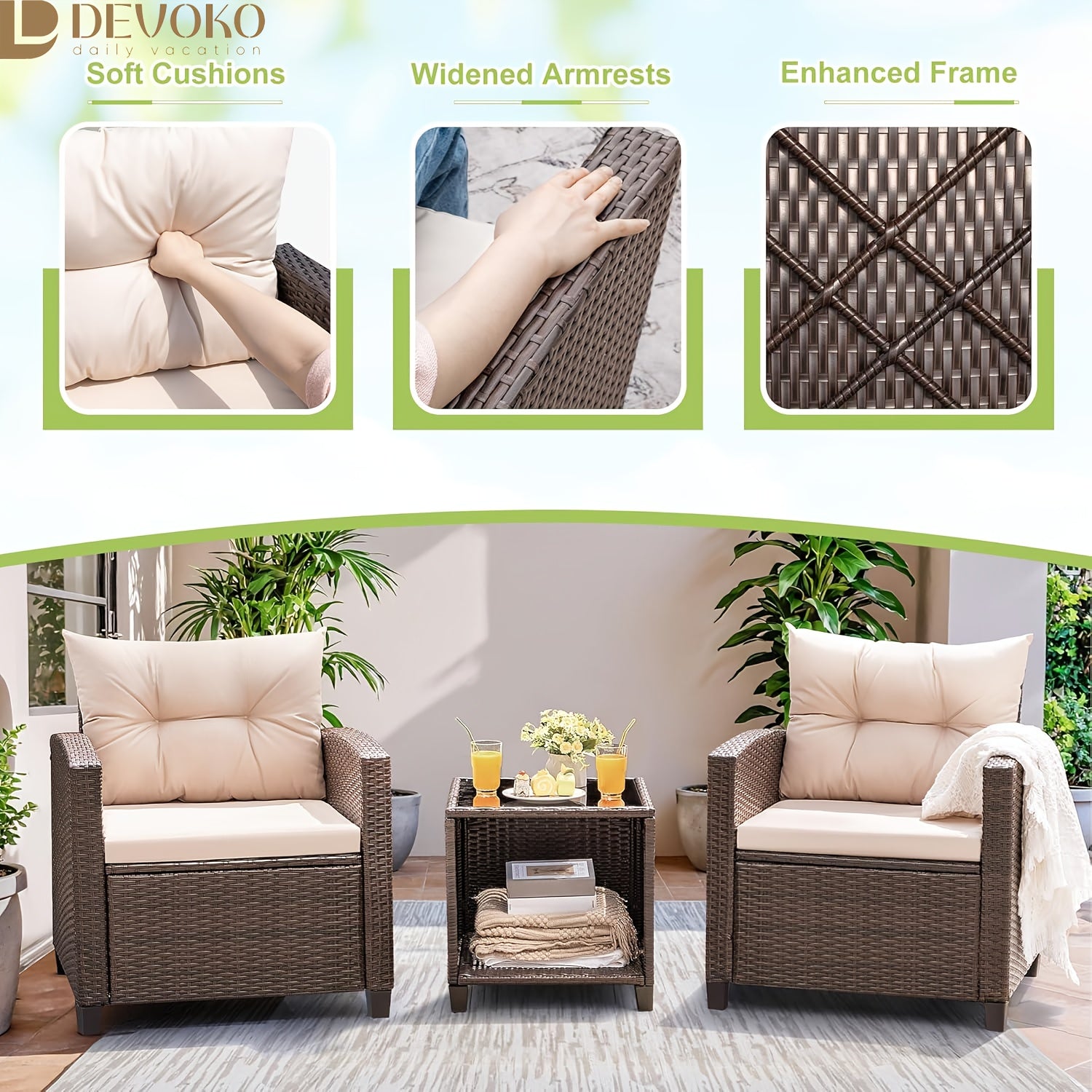 3pcs Patio Furniture Set, PE Rattan Wicker Patio Set With Two Outdoor Chairs And Table, Upgraded Patio Chairs