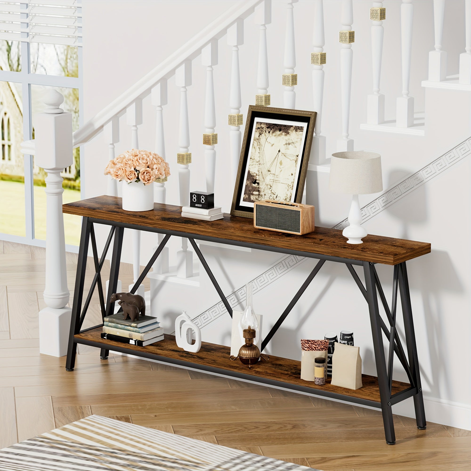 70.9 Inch Extra Long Sofa Table, Console Behind Sofa, Entryway Table With 2 Tier Storage Shelves, Rustic Gray And Black, 70.9"L X 11.8"W X 32"H