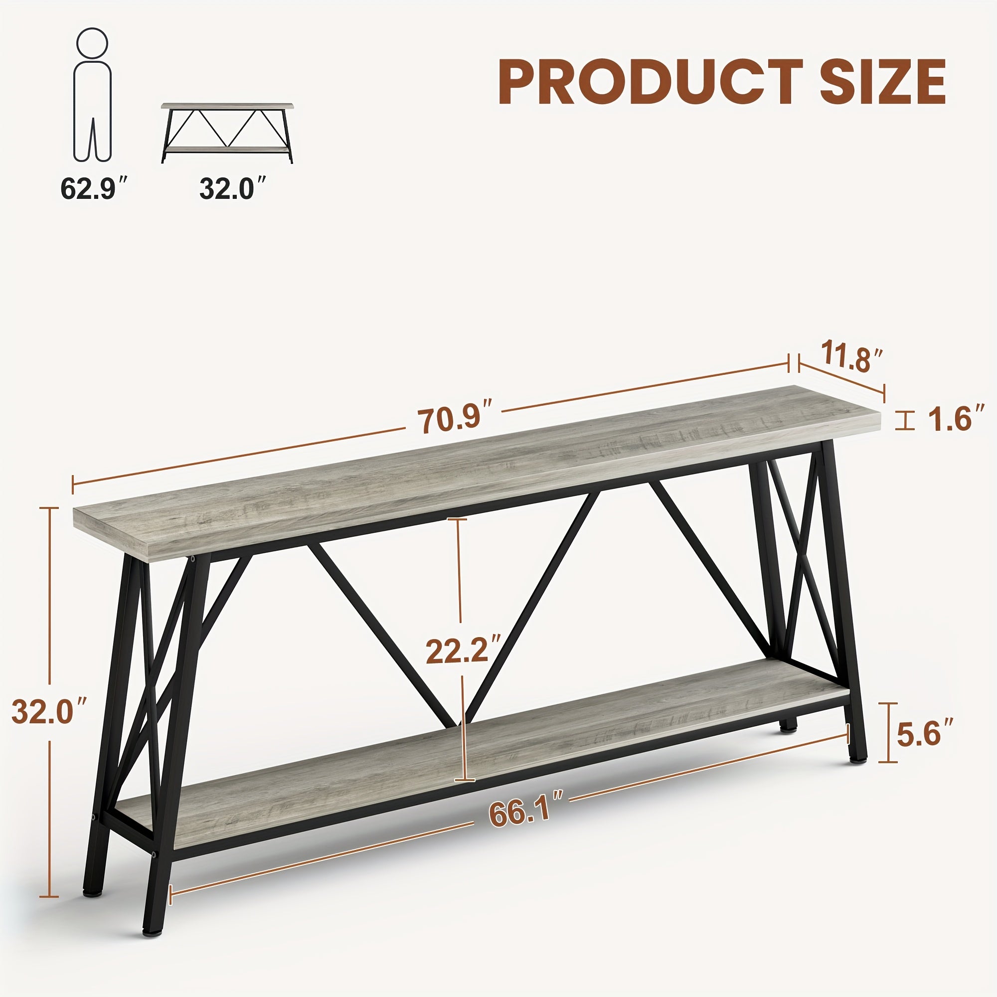 70.9 Inch Extra Long Sofa Table, Console Behind Sofa, Entryway Table With 2 Tier Storage Shelves, Rustic Gray And Black, 70.9"L X 11.8"W X 32"H