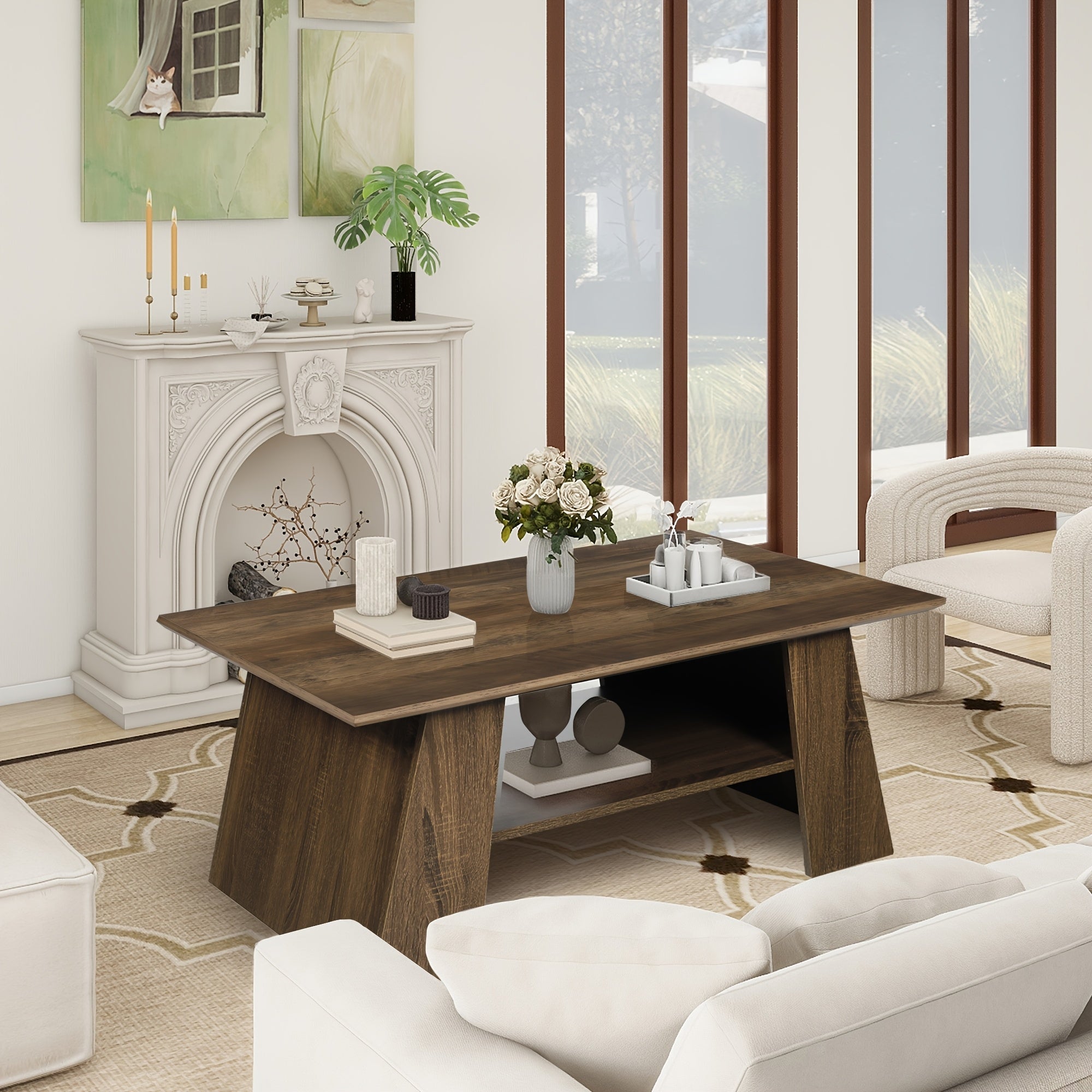 Modern Coffee Tables With Storage Shelf, 2-Tier, Farmhouse Wooden Center Table