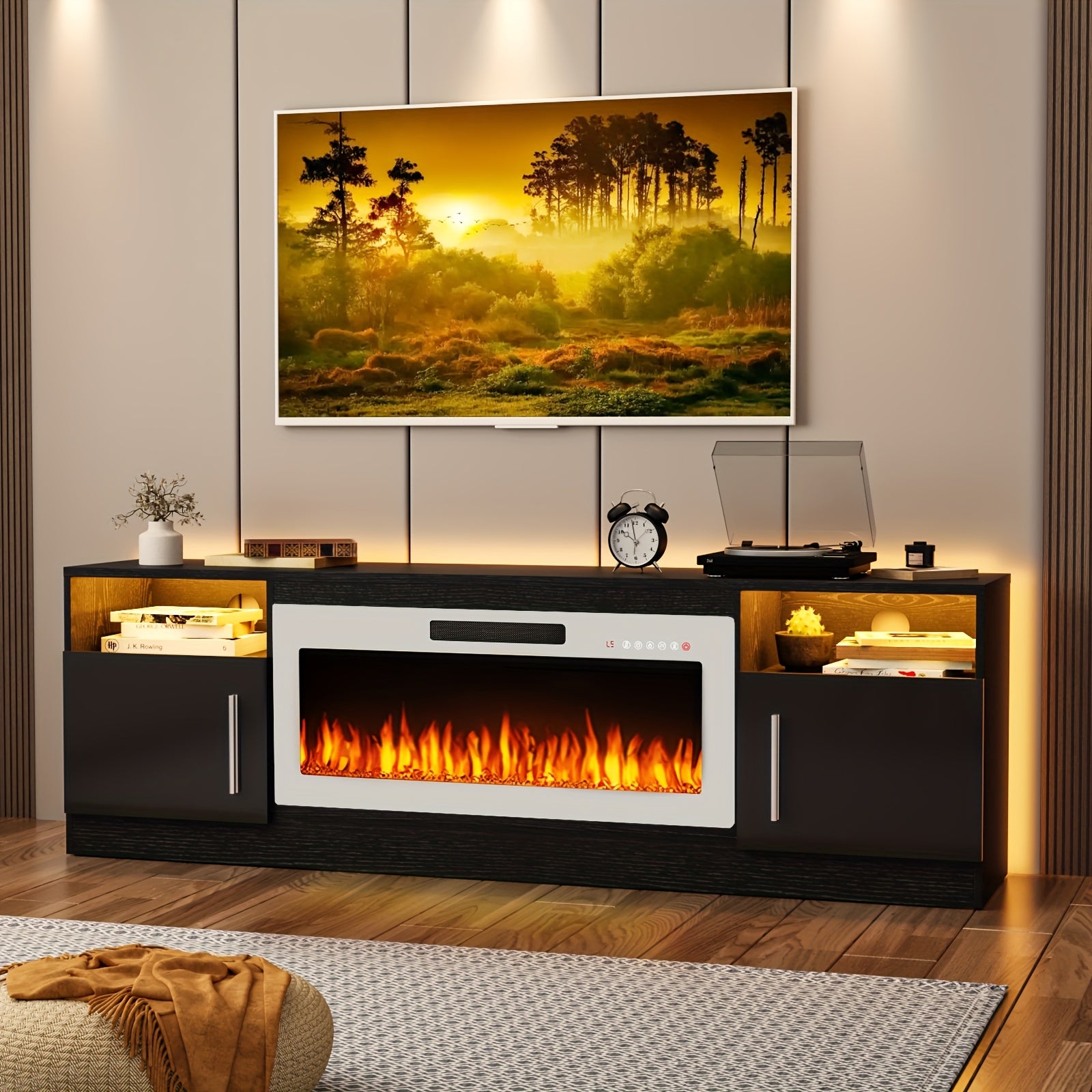 70" Modern Wooden TV Stand for TVs Up to 80" - Electric Fireplace Entertainment Center with 36" High Gloss Media Console, 16-Color LED Lights, Storage Cabinet & US Plug (120V)