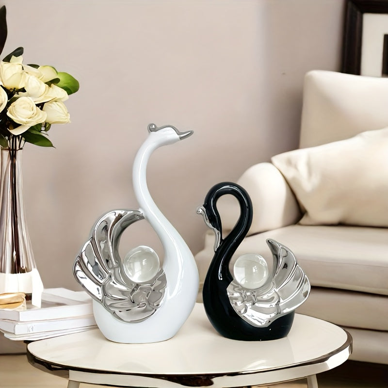 Luxury Crystal Ball Swan Ceramic Ornament Black and White High-end Light