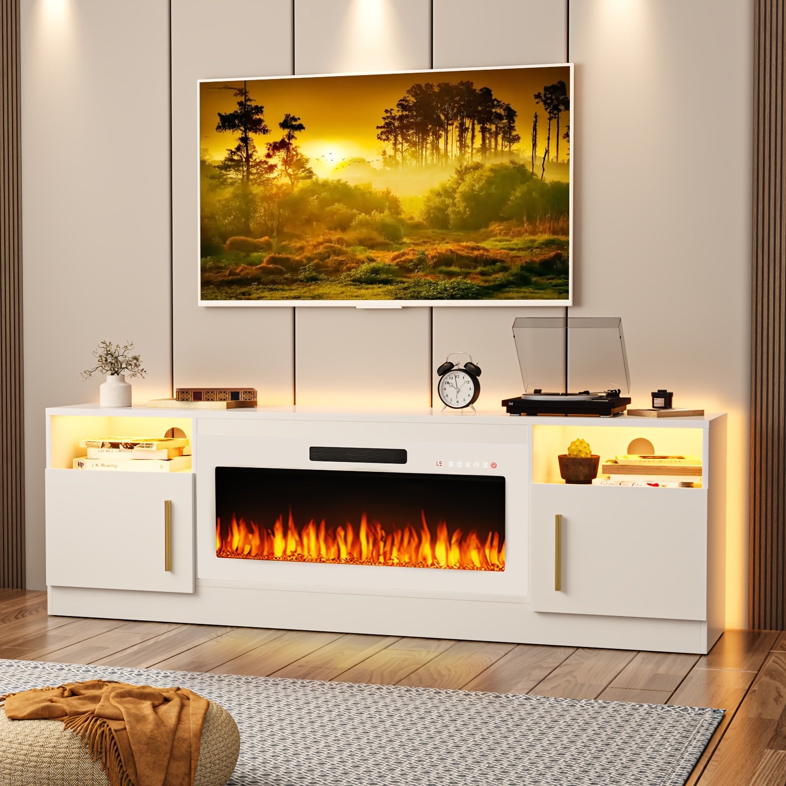 70" Modern Wooden TV Stand for TVs Up to 80" - Electric Fireplace Entertainment Center with 36" High Gloss Media Console, 16-Color LED Lights, Storage Cabinet & US Plug (120V)