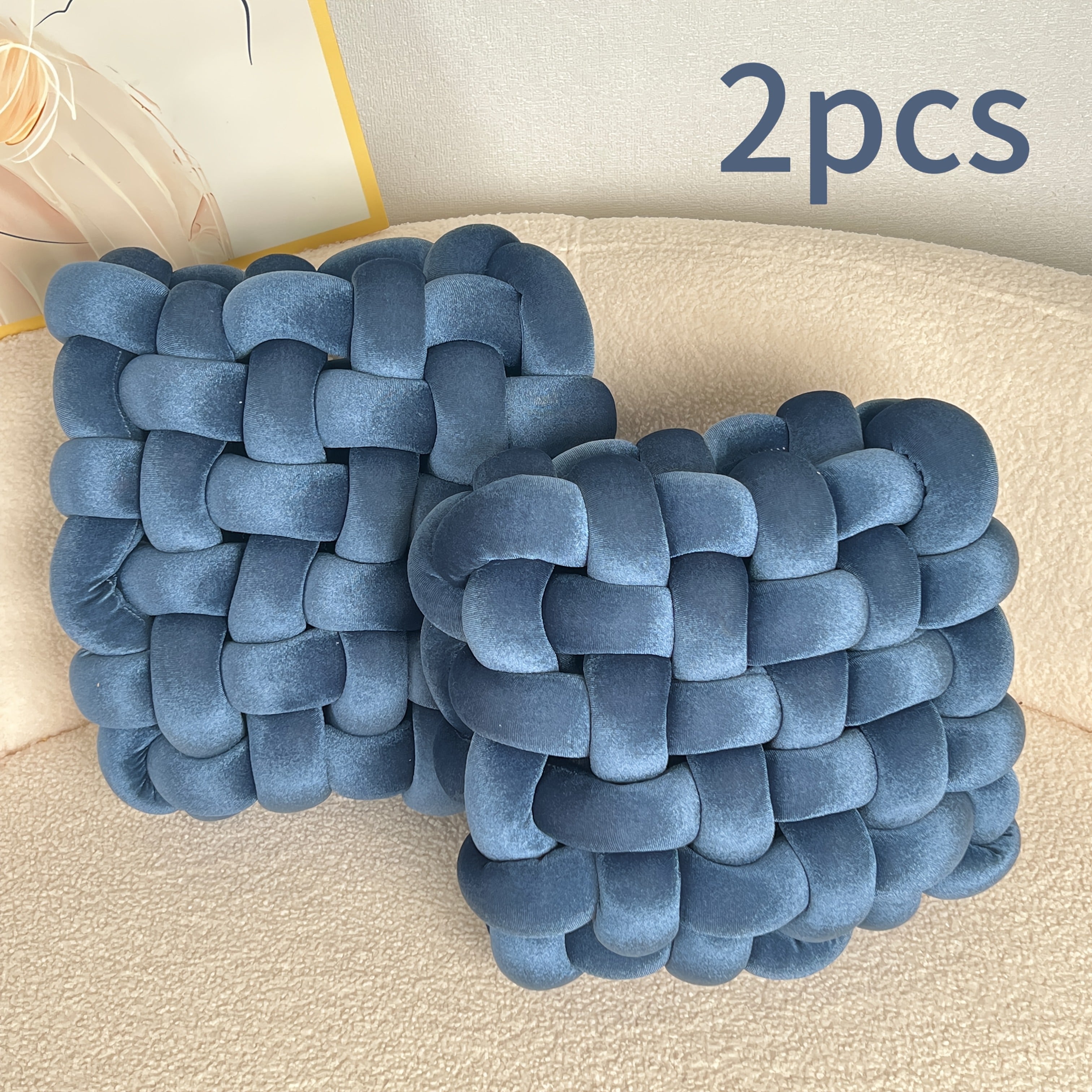 2pcs Gold Velvet Hand-woven Knot Pillow Square Decorative Pillow Knotted Floor Pillow