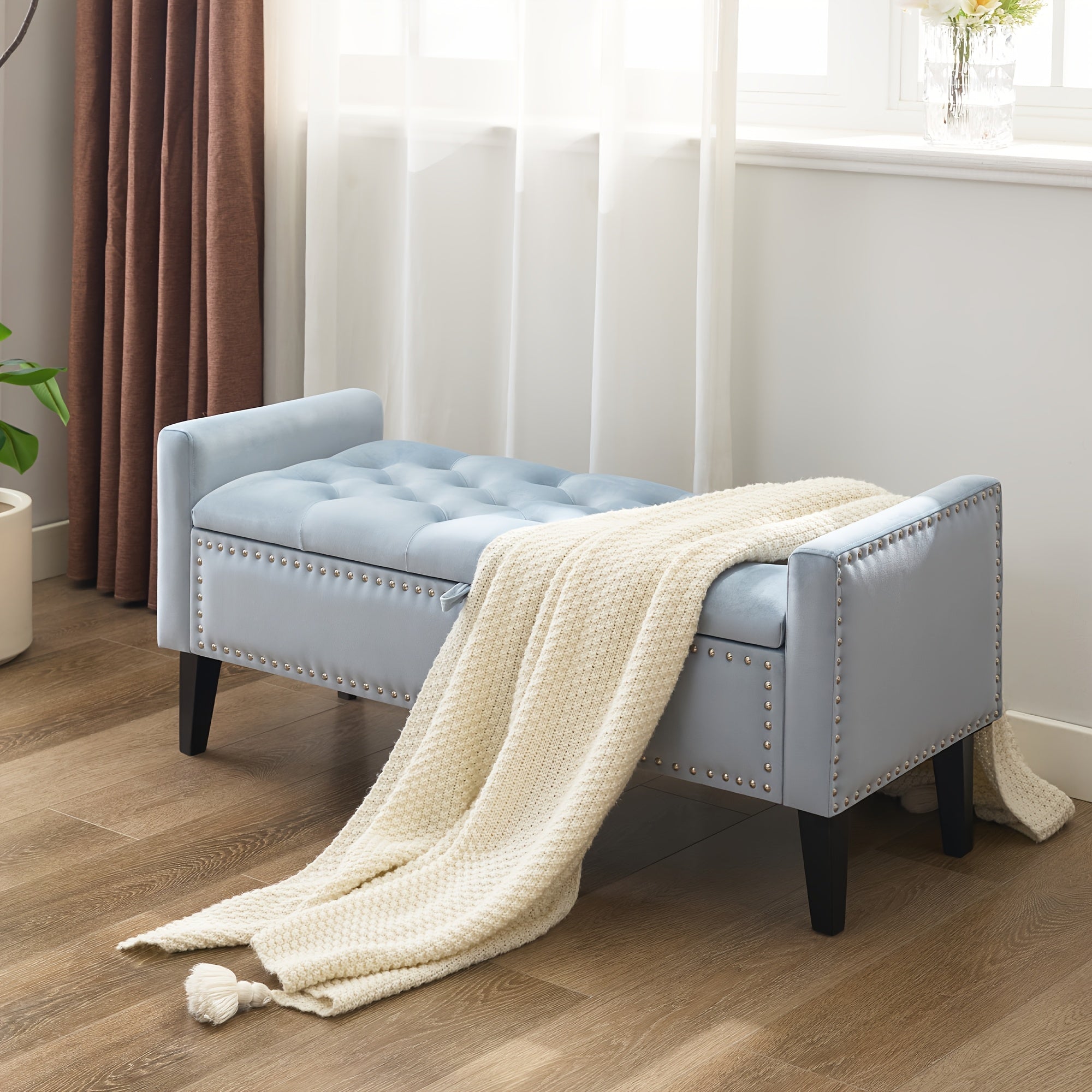 47" Velvet Storage Bench, Upholstered Bed Bench With Storage, End Of Bed Ottoman With Wooden Legs