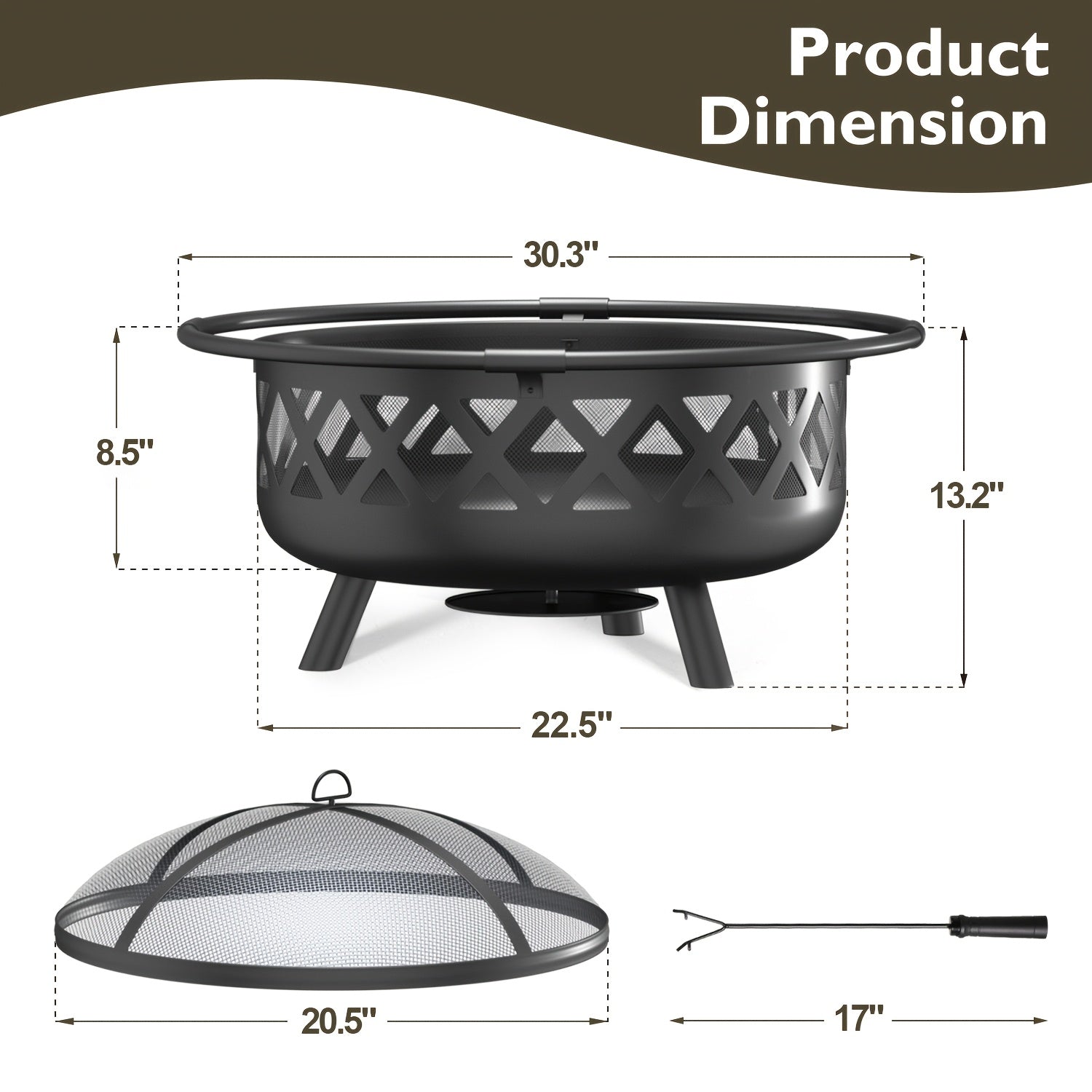 30 Inch Outdoor Wood Burning Fire Pit with Spark Screen, Cover & Fire Poker for Backyard