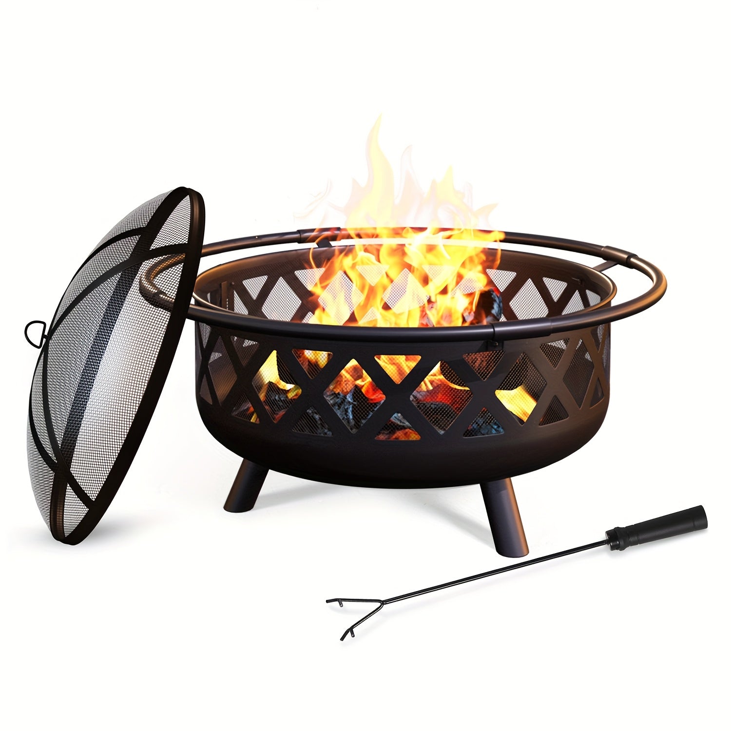 30 Inch Outdoor Wood Burning Fire Pit with Spark Screen, Cover & Fire Poker for Backyard