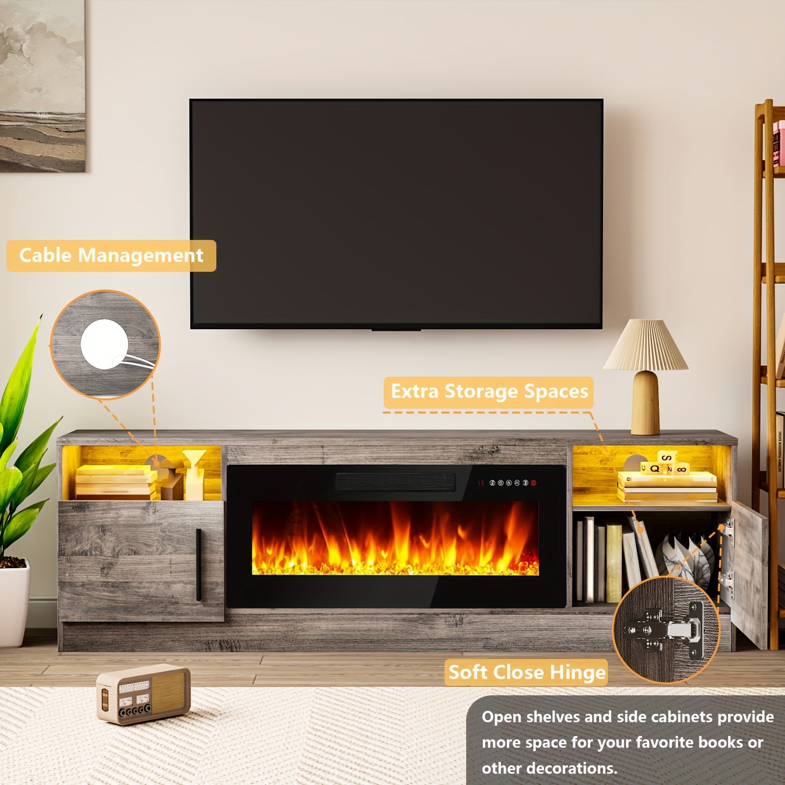 70" Modern Wooden TV Stand for TVs Up to 80" - Electric Fireplace Entertainment Center with 36" High Gloss Media Console, 16-Color LED Lights, Storage Cabinet & US Plug (120V)