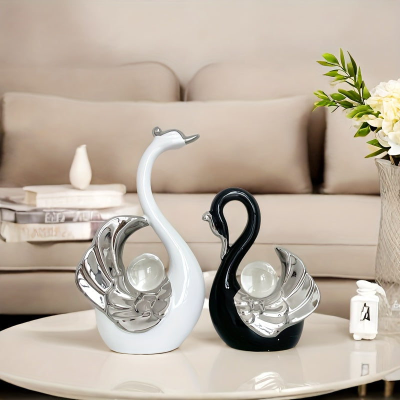 Luxury Crystal Ball Swan Ceramic Ornament Black and White High-end Light