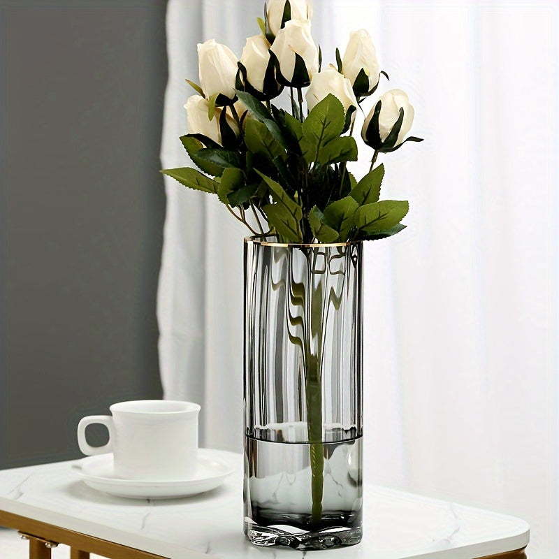 1pc Premium Golden Edge Glass Cylinder Vase, Thickened Clear Modern Style Hand Blown Vase For Home Decor