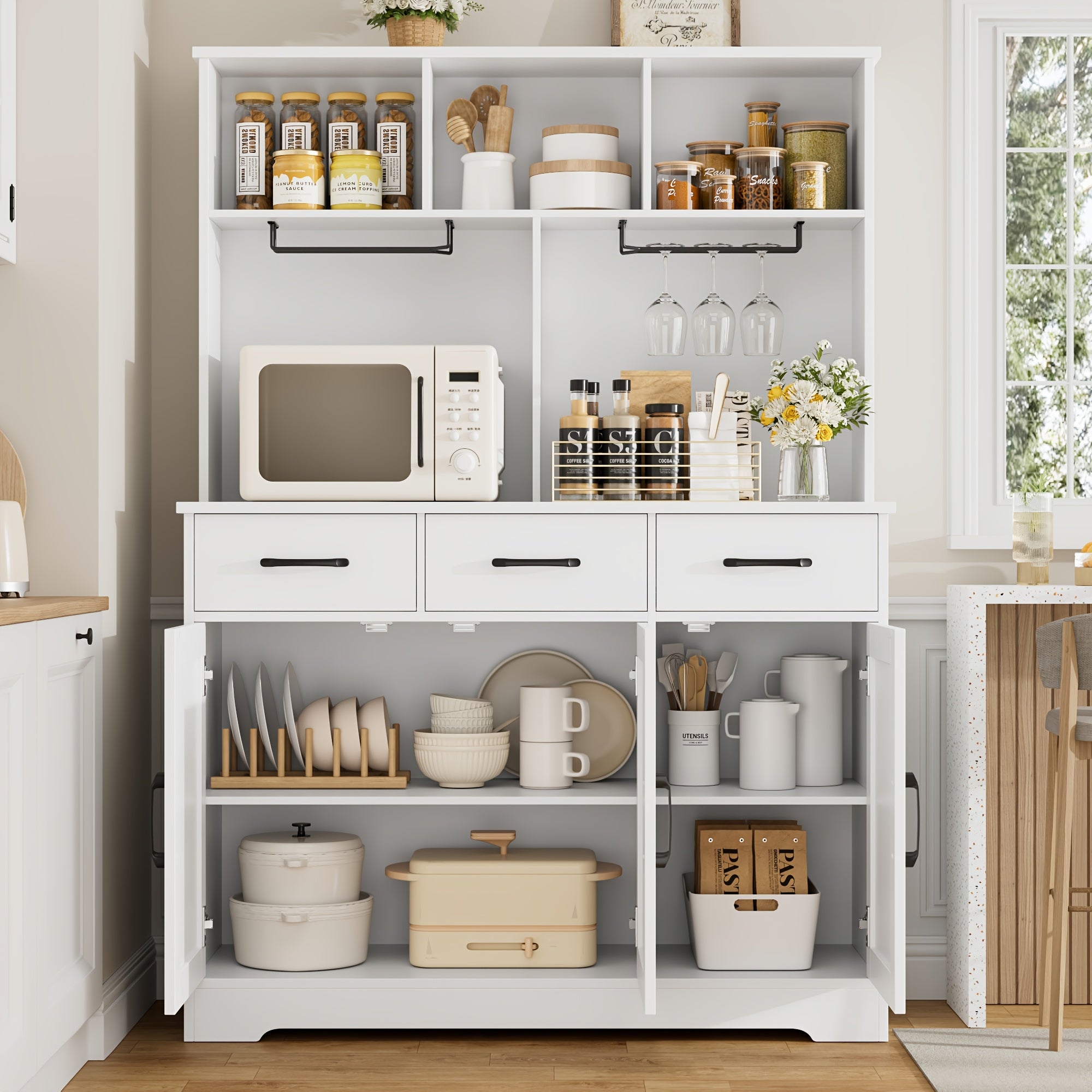FULTRU 60" Tall Kitchen Pantry With Storage, Coffee Bar Cabinet With 2 Glass Racks, Tall Hutch Storage Cabinet With 3 Drawers, Liquor Cabinet For Home & Dining Room