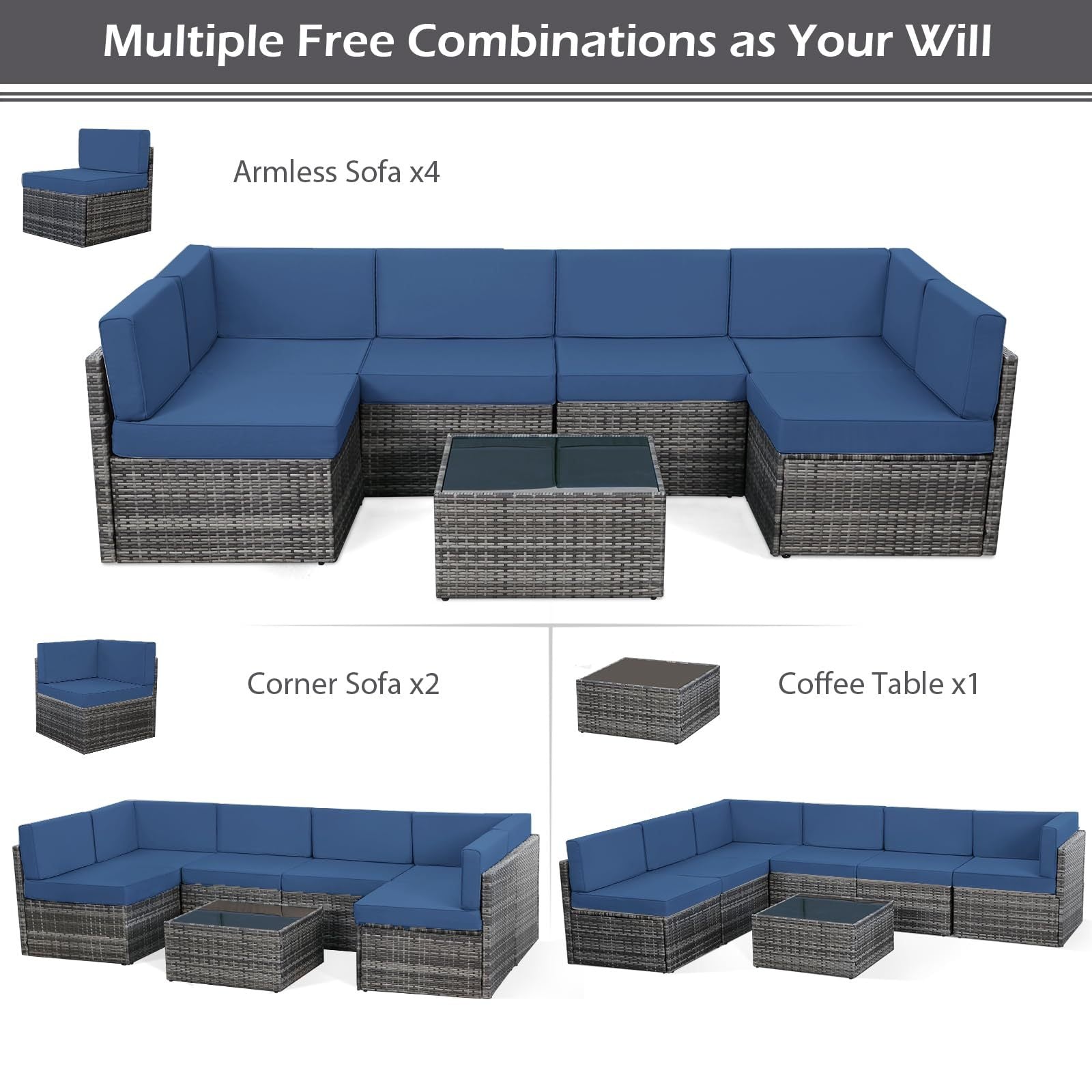 7pcs Outdoor Patio Furniture Set, Outdoor Sectional Conversation Furniture Chair with Coffee Table, Patio Sectional