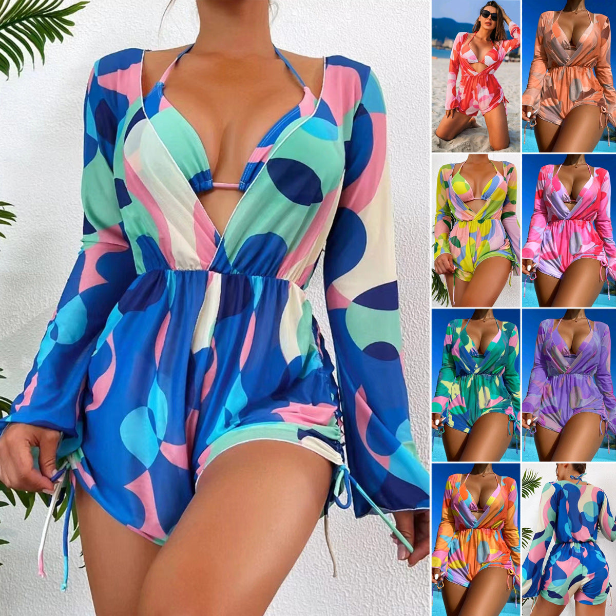 Jumpsuit long sleeved mesh hood bikini three piece swimsuit women&