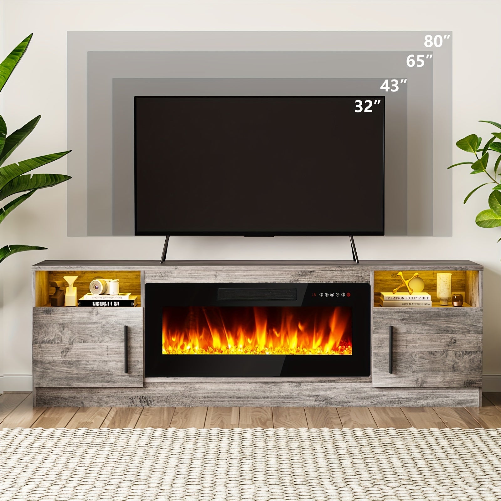 70" Modern Wooden TV Stand for TVs Up to 80" - Electric Fireplace Entertainment Center with 36" High Gloss Media Console, 16-Color LED Lights, Storage Cabinet & US Plug (120V)