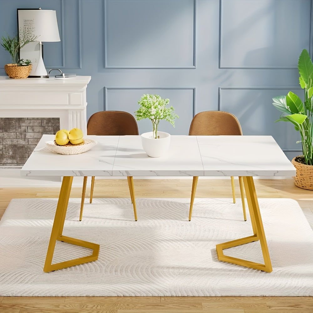 Gold Dining Dinner Table: 55 Inches Modern White Dining Room Table with Golden Legs, Faux Marble Small Kitchen Table for 6, Rectangular Dining Table