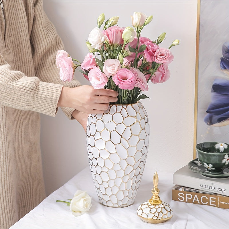 Elegant White & Golden Ceramic Vase with Hexagonal Pattern