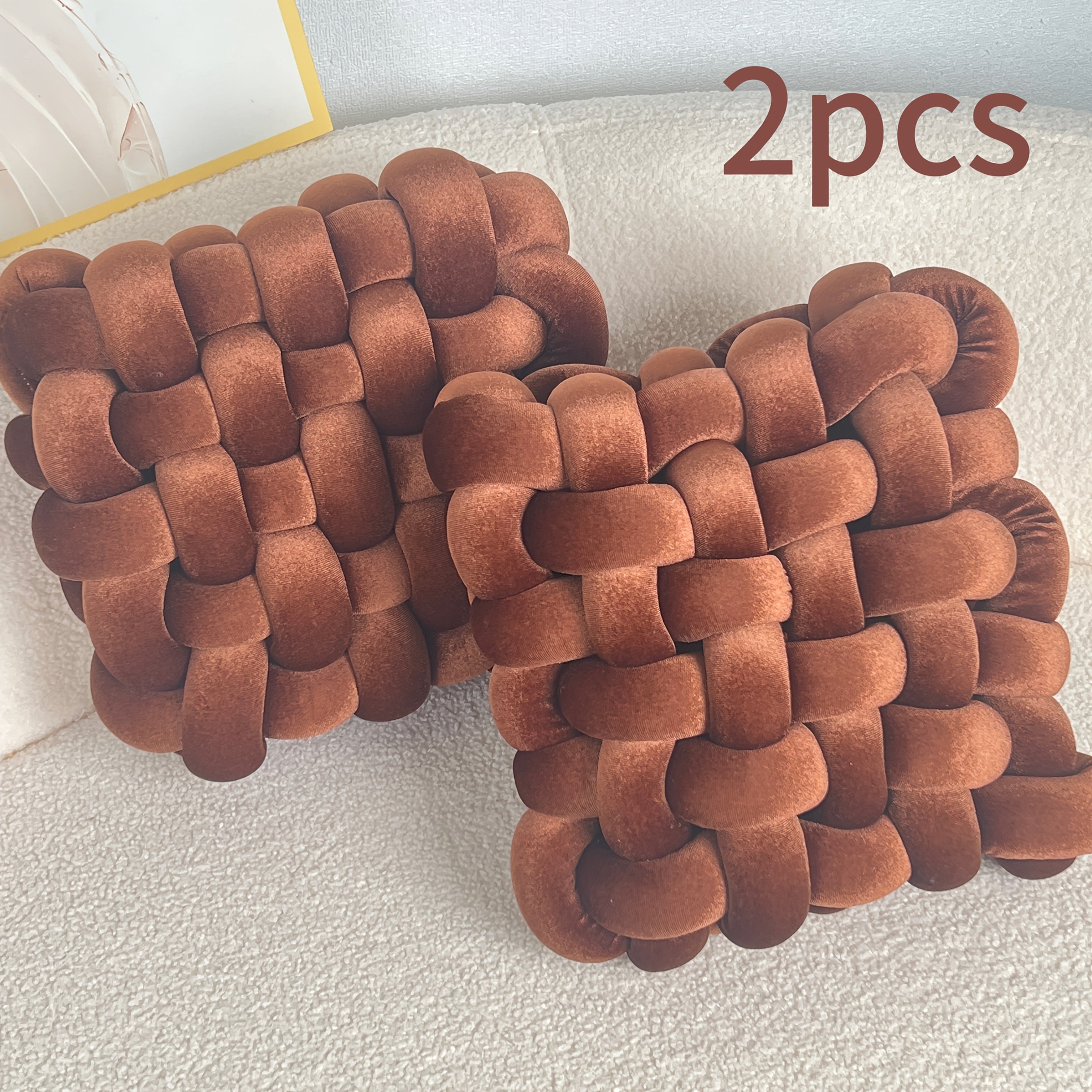 2pcs Gold Velvet Hand-woven Knot Pillow Square Decorative Pillow Knotted Floor Pillow