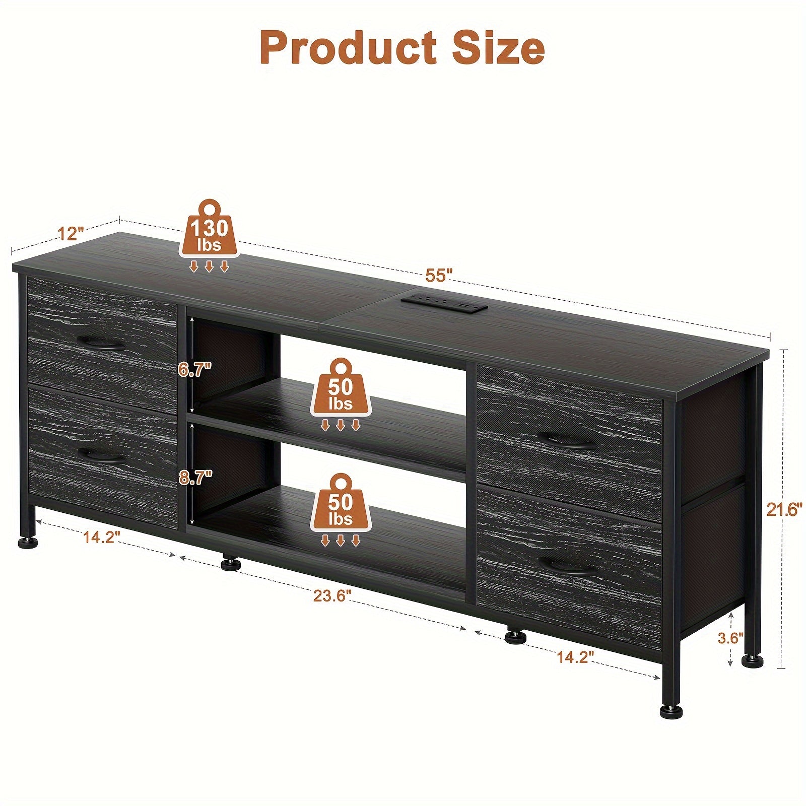 TV Stand, Entertainment Center Power Outlet with Fabric Drawers, Media Console Table with Metal Frame And Wood Top for TV Up to 60 Inch