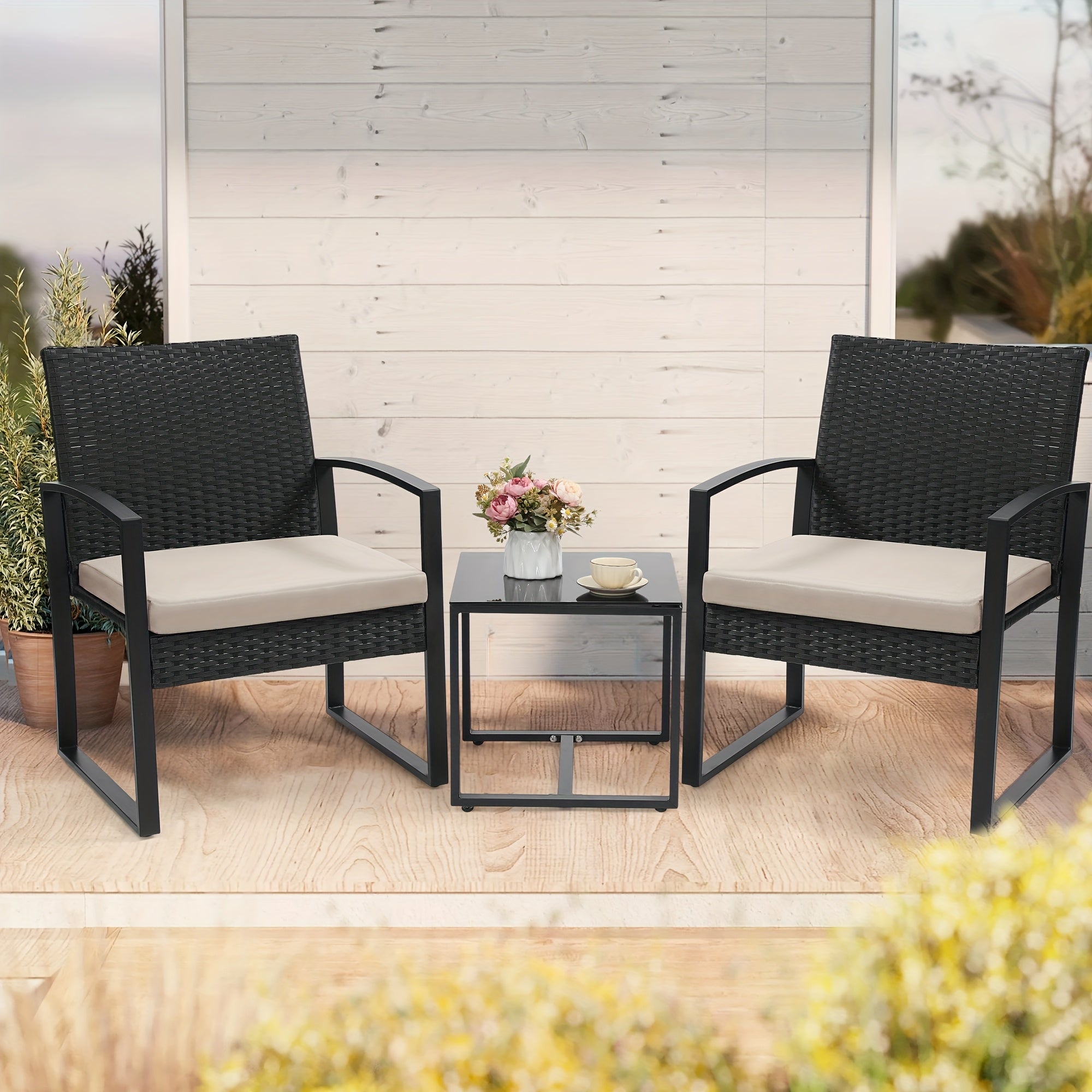 3pcs Bistro Set with Tempered Glass Table, Thick Cushions