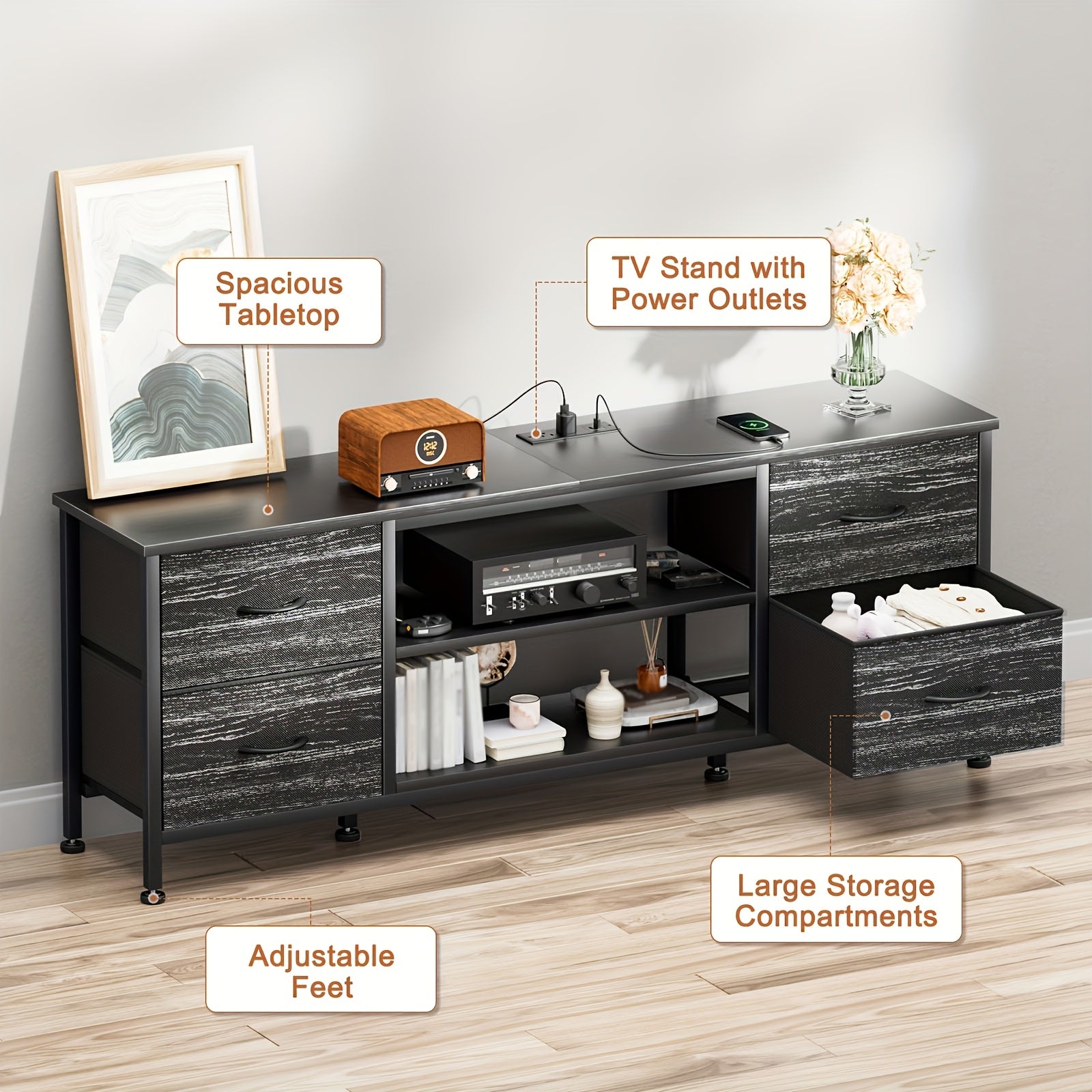 TV Stand, Entertainment Center Power Outlet with Fabric Drawers, Media Console Table with Metal Frame And Wood Top for TV Up to 60 Inch