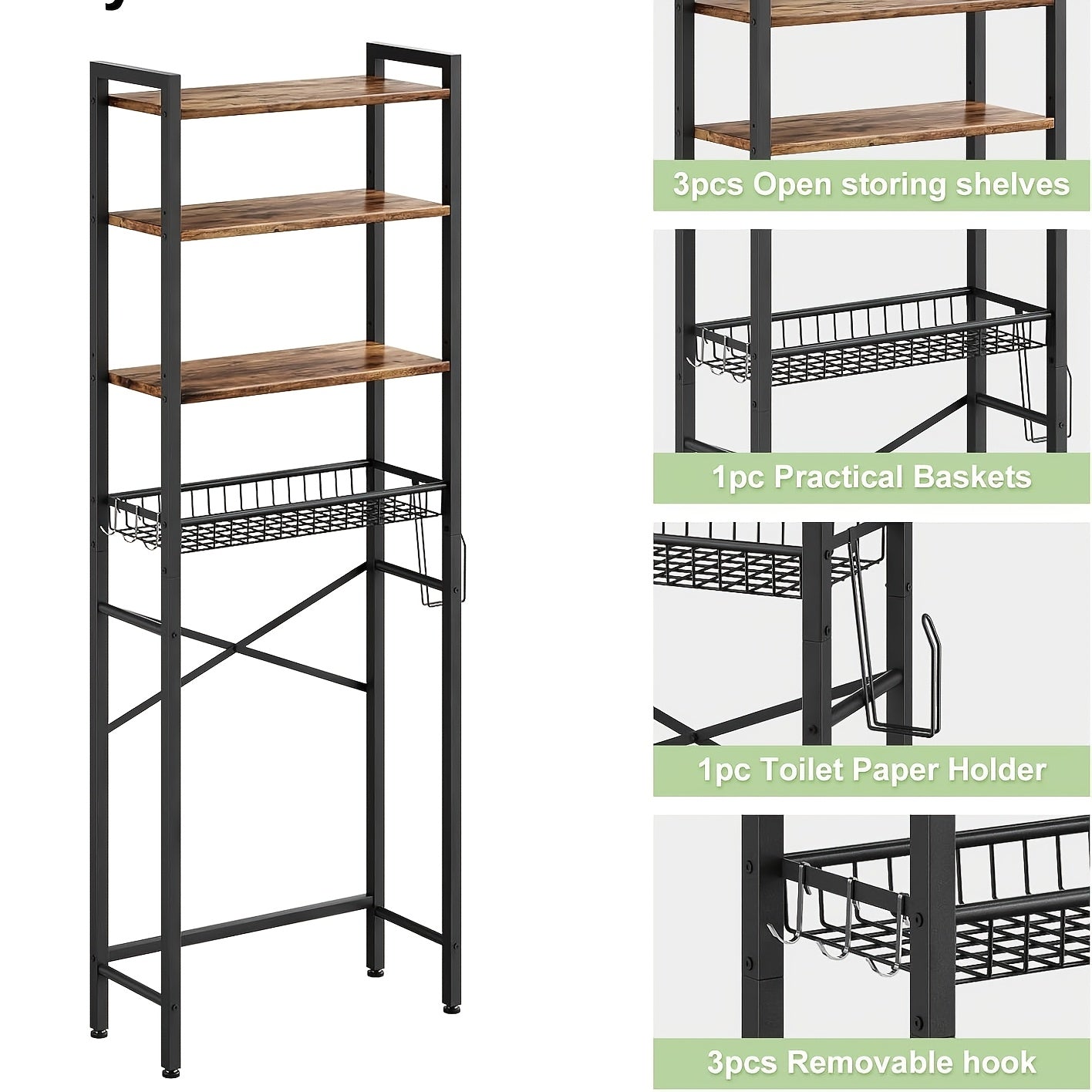 5-Tier Over Toilet Bathroom Organizer Shelf Adjustable Bathroom Shelf Over Toilet With Paper Holder And 4 Hooks