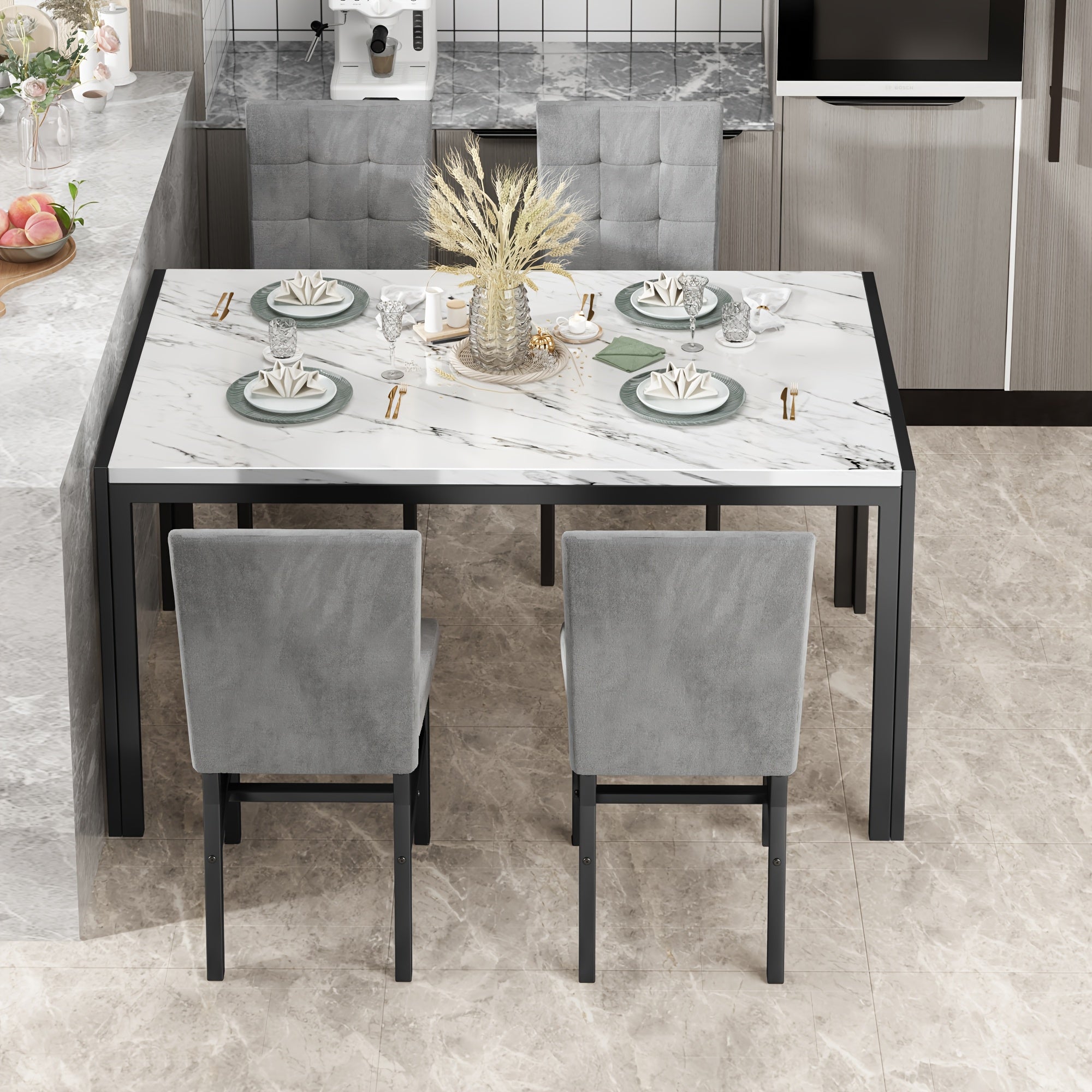 5pcs Faux Marble Tabletop Dining Table Set
