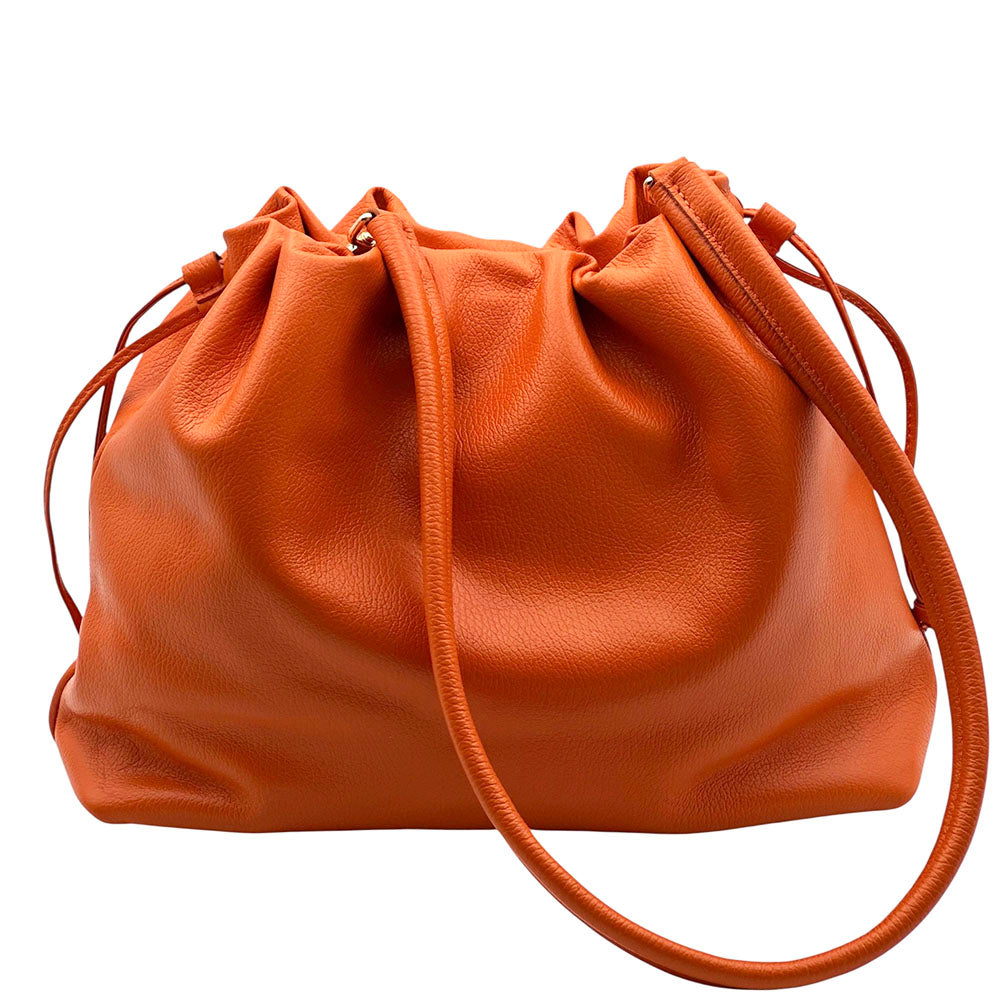 Luciana Cow Leather Drawstring Shoulder Bag - Made In Italy