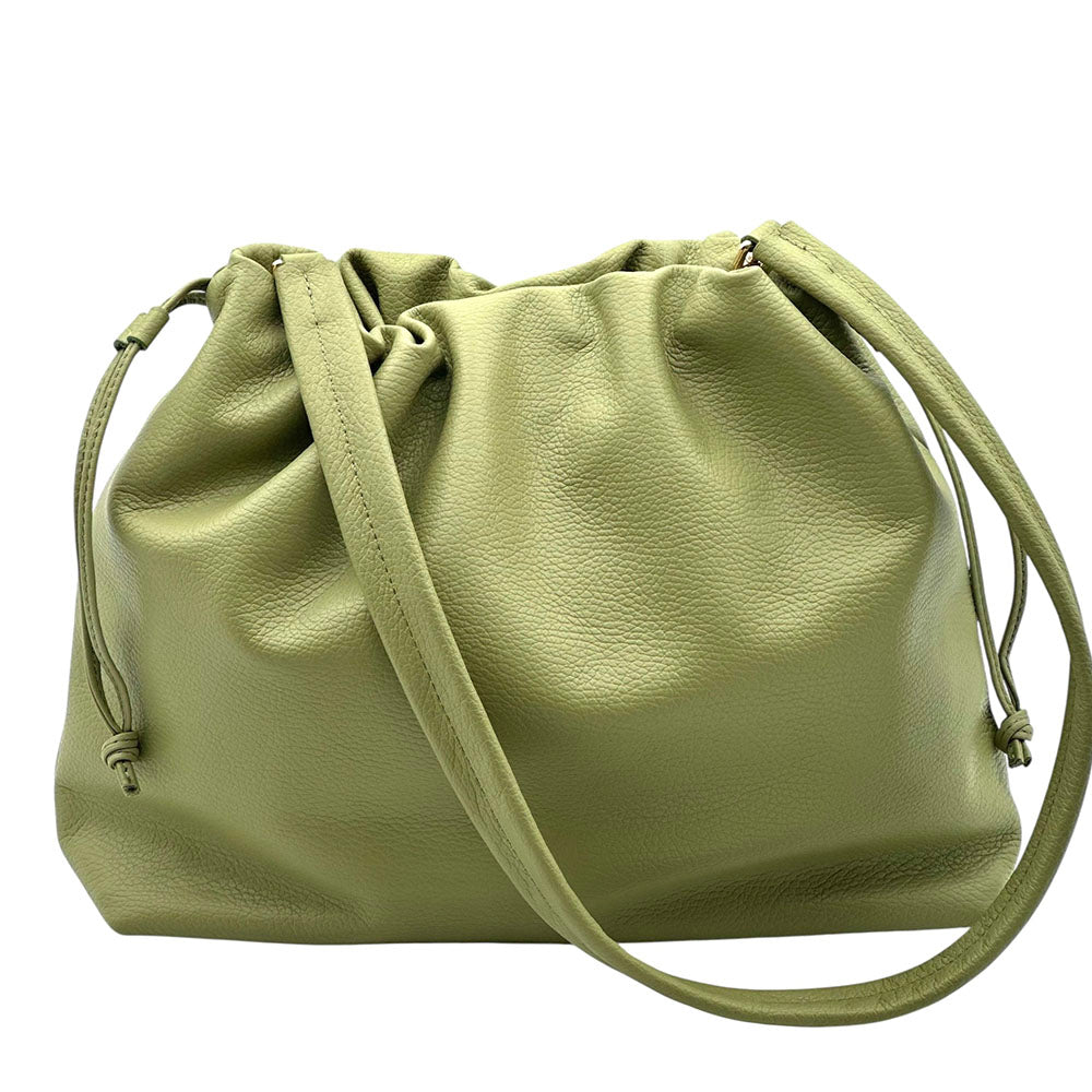 Luciana Cow Leather Drawstring Shoulder Bag - Made In Italy