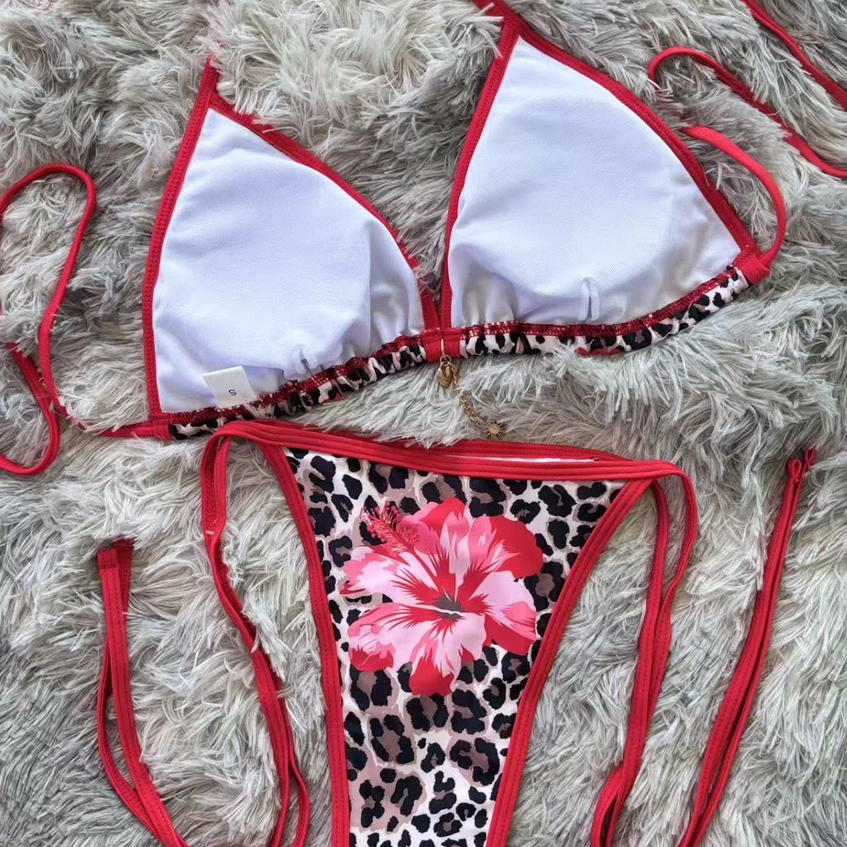 Leopard Print Red Flower Bikini Tie-Up Two-Piece Swimsuit Bikini Export