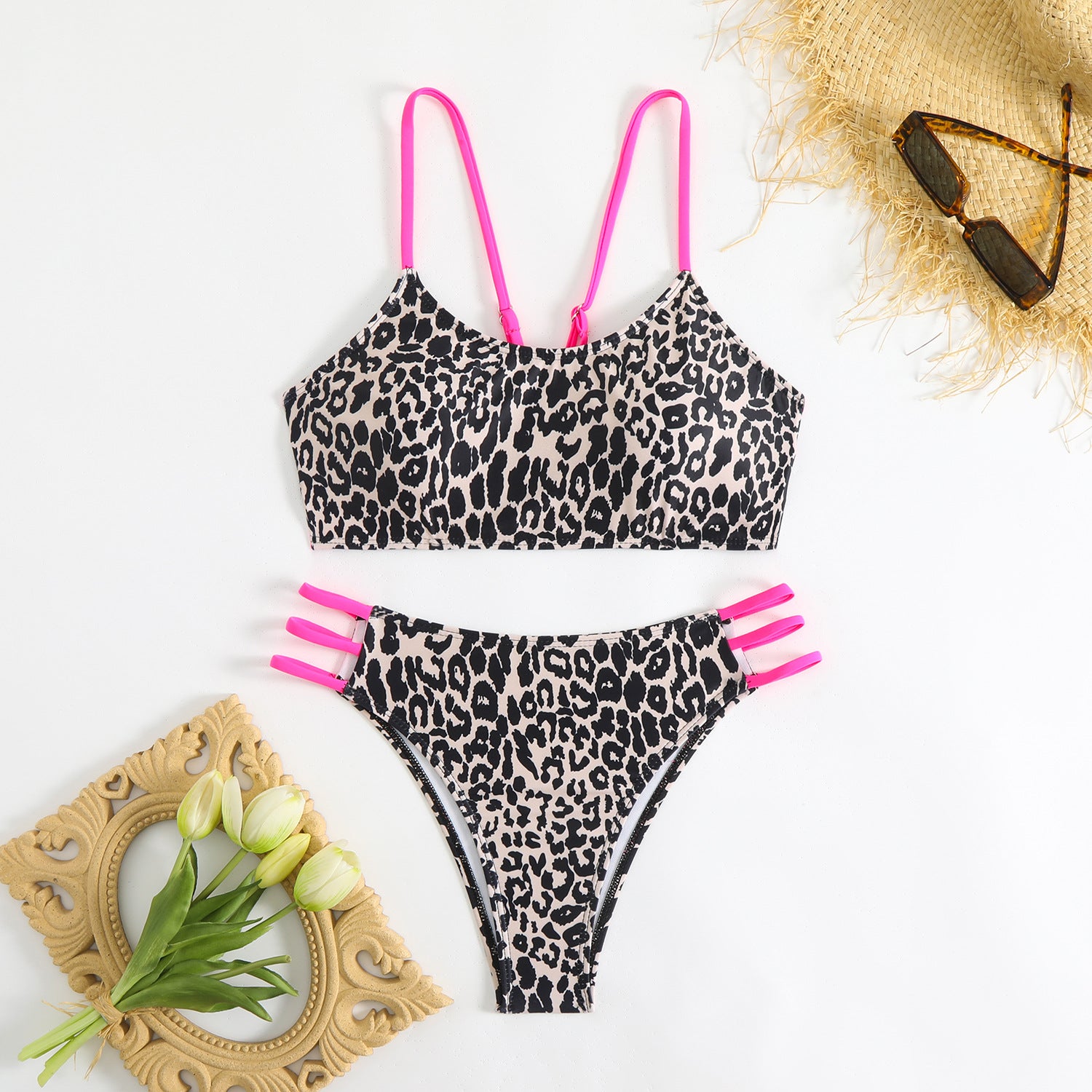 Leopard print multi rope hollow swimsuit bikini