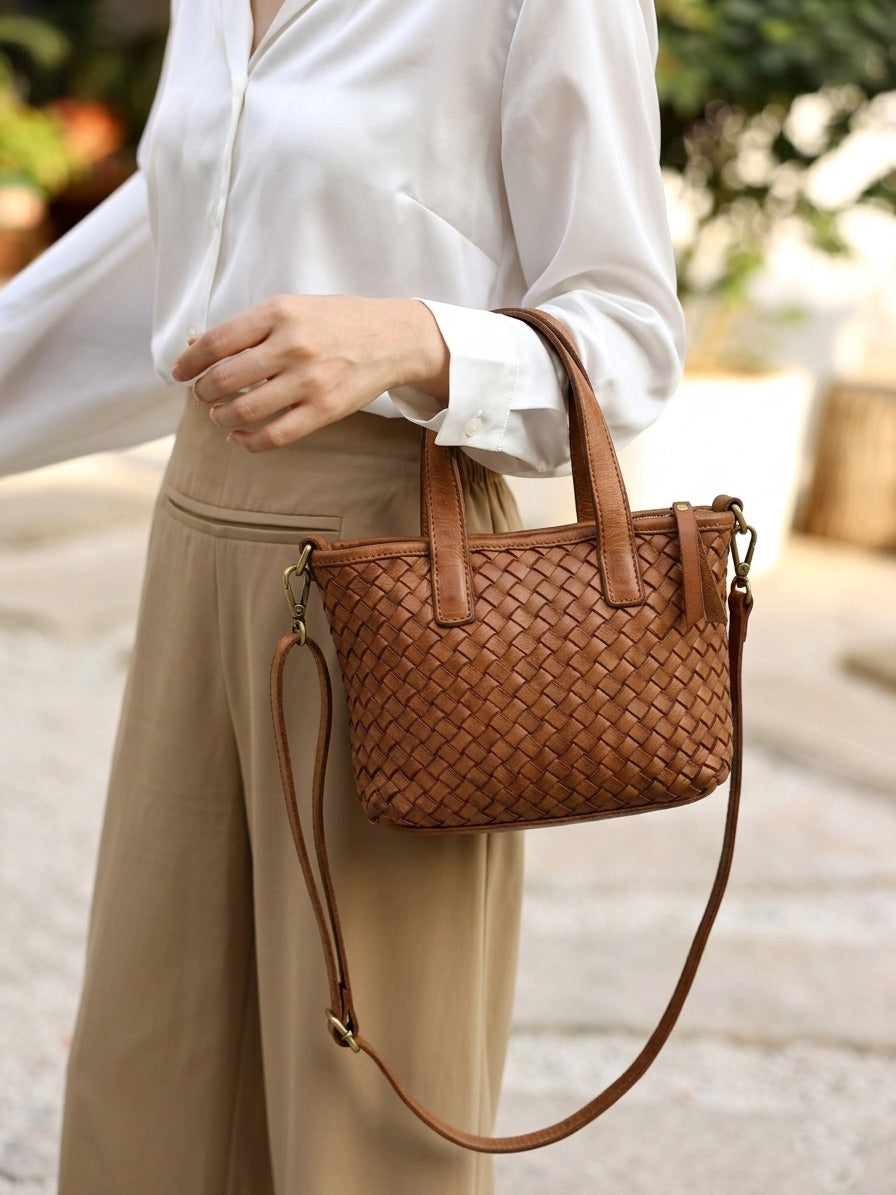 Tessia Handwoven Washed Leather Crossbody Tote - Made In Italy