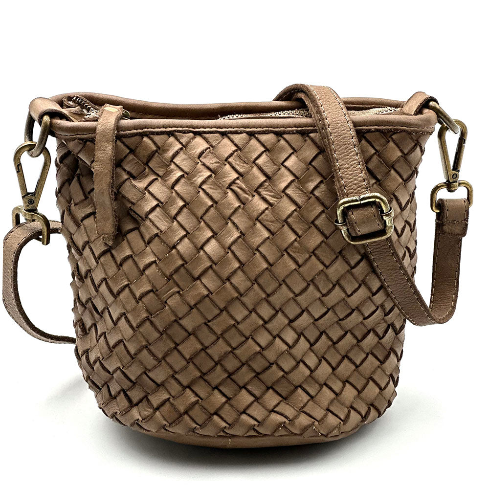 Terenzia Cow Leather Woven Bucket Crossbody Bag - Made In Italy