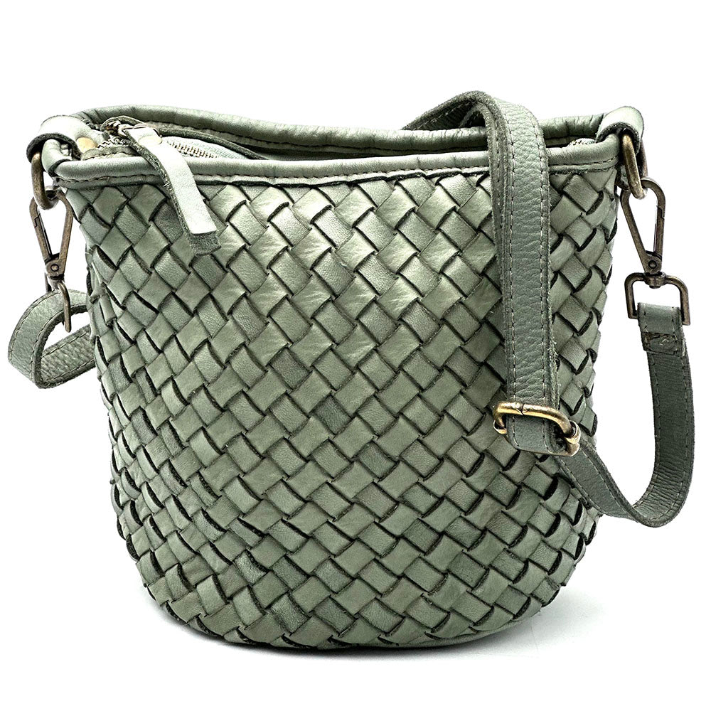 Terenzia Cow Leather Woven Bucket Crossbody Bag - Made In Italy