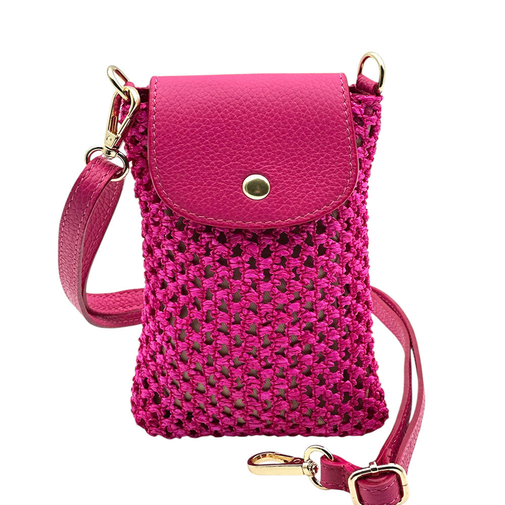 Cindy Handwoven Raffia and Italian Calfskin Phone Crossbody Bag - Made In Italy