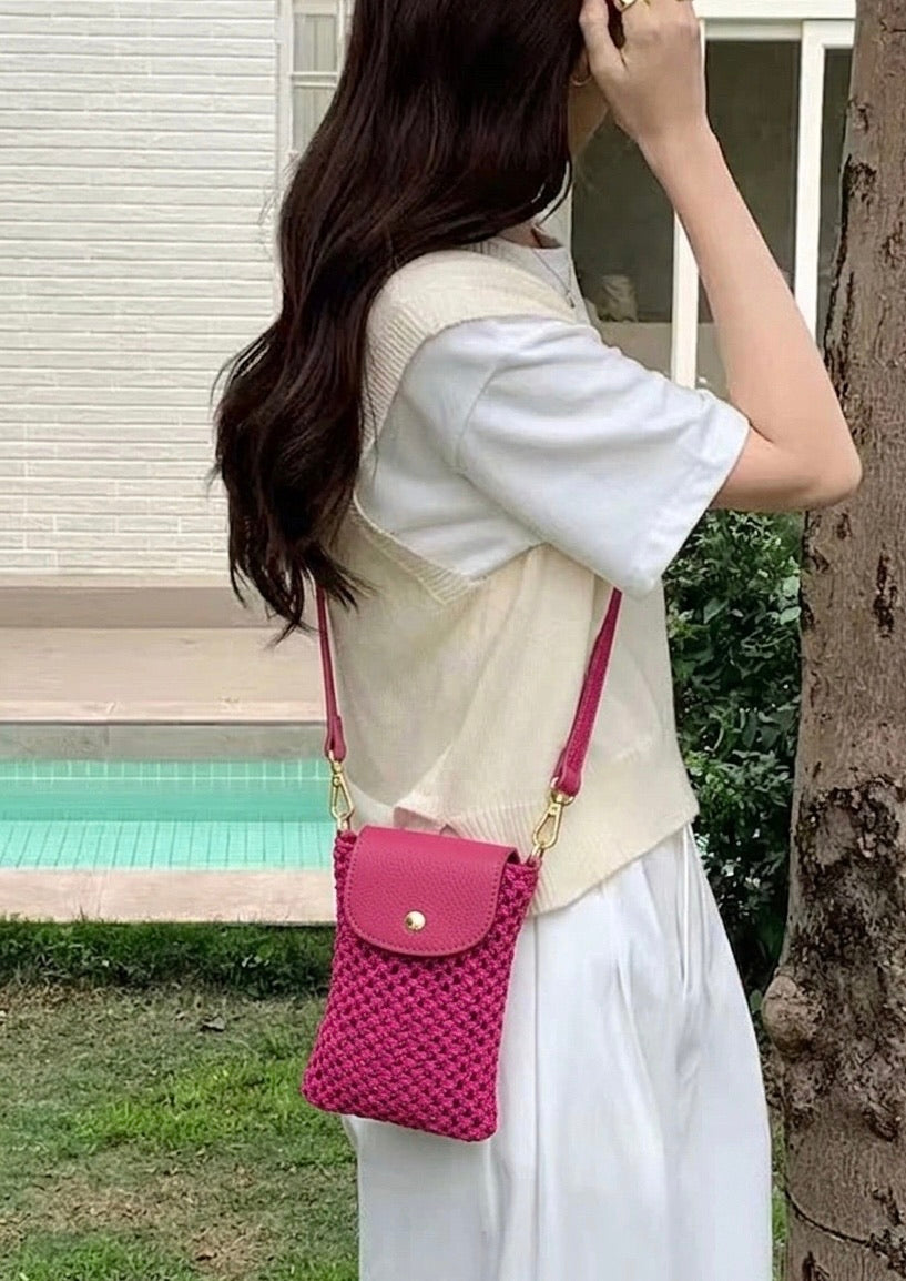 Cindy Handwoven Raffia and Italian Calfskin Phone Crossbody Bag - Made In Italy
