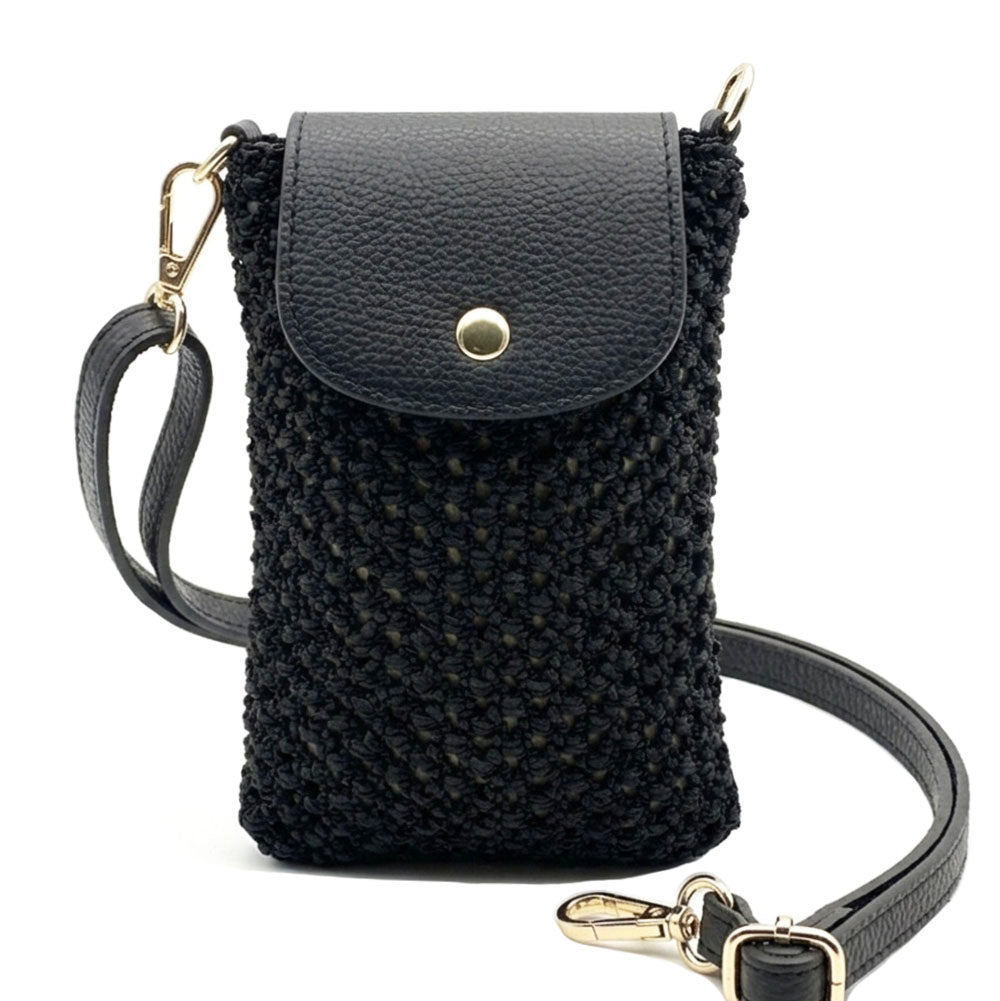 Cindy Handwoven Raffia and Italian Calfskin Phone Crossbody Bag - Made In Italy
