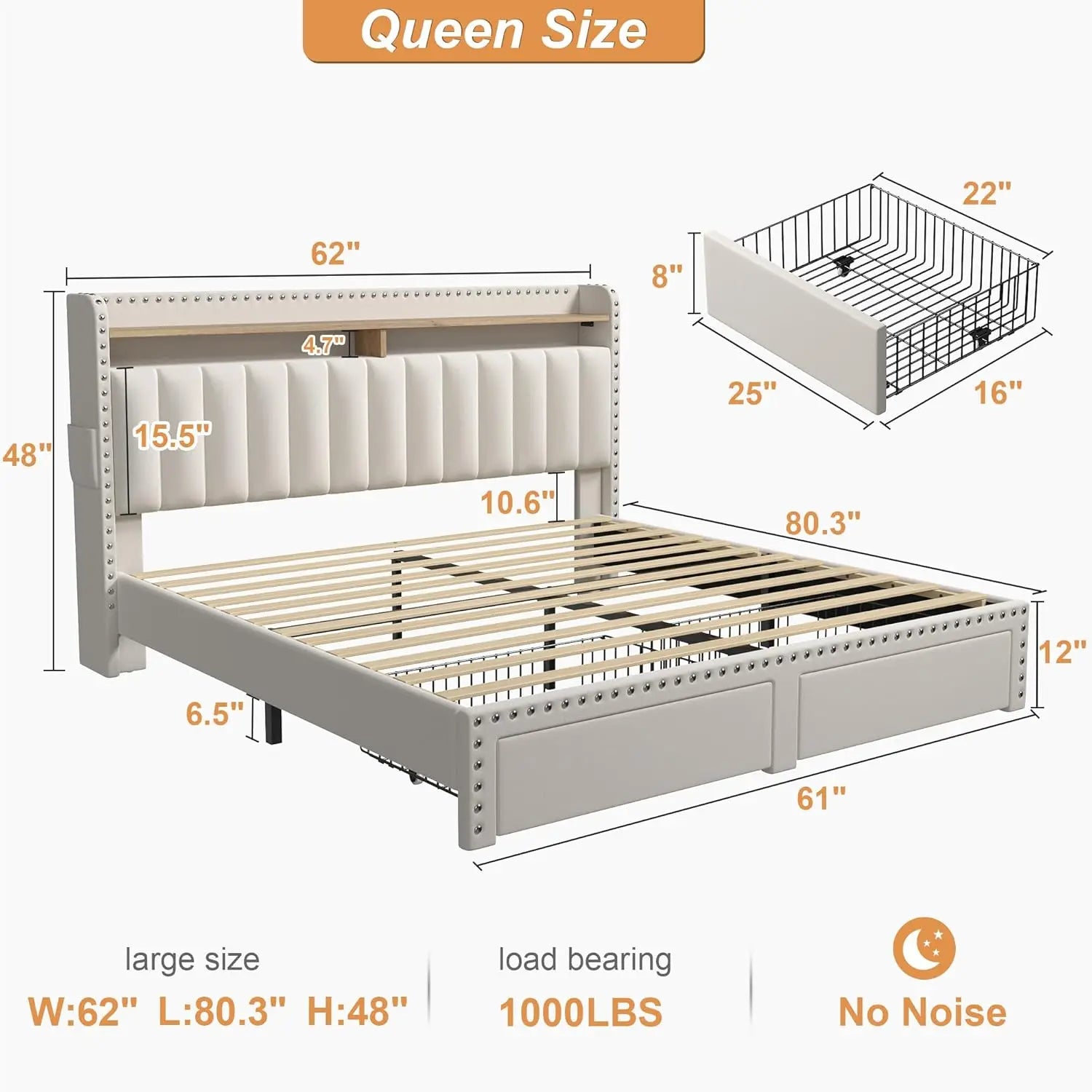 Bed Frame with Headboard and Storage, Upholstered Queen Bed Frame with Storage, Queen Size Bed Frame with 2 Drawers