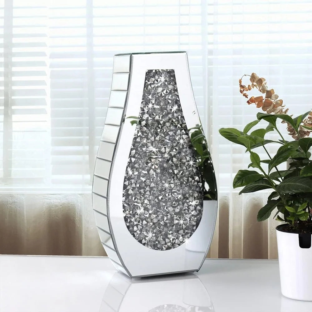 Luxury Crushed Diamond Mirrored Vase Decorative Arc-Shaped Crystal Glass Flower Holder Elegant Home Office Decor Gift