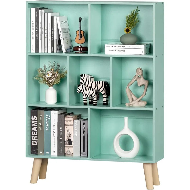 Wooden 7 Cube Book Shelf, Natural 3 Tier Bookshelf with Legs, Modern Open Storage Organizer,Boho Bookcase,Display Cabinet Shelf
