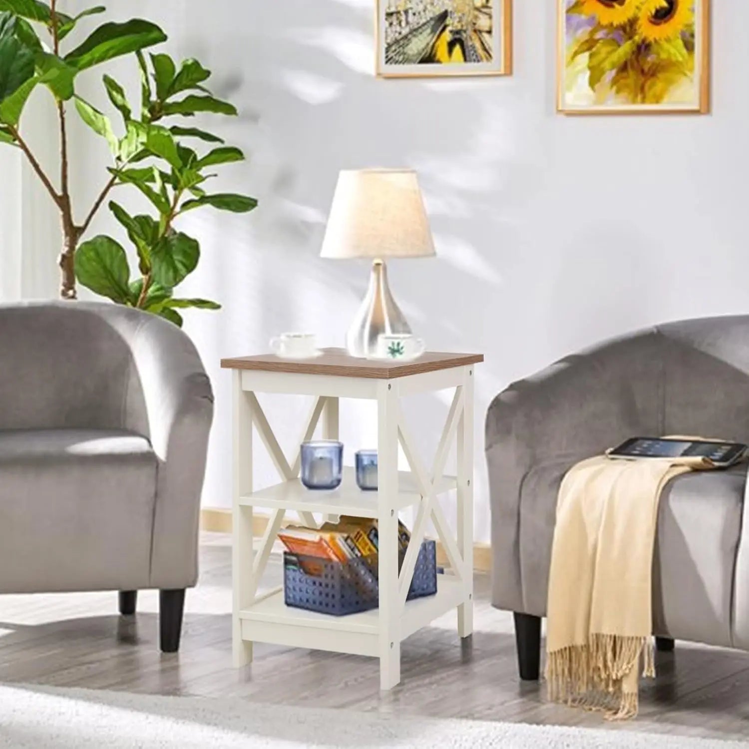 End Table Living Room Set of 2 - Farmhouse Bedside Table Nightstands for Bedroom, Ivory White Small Side Table
